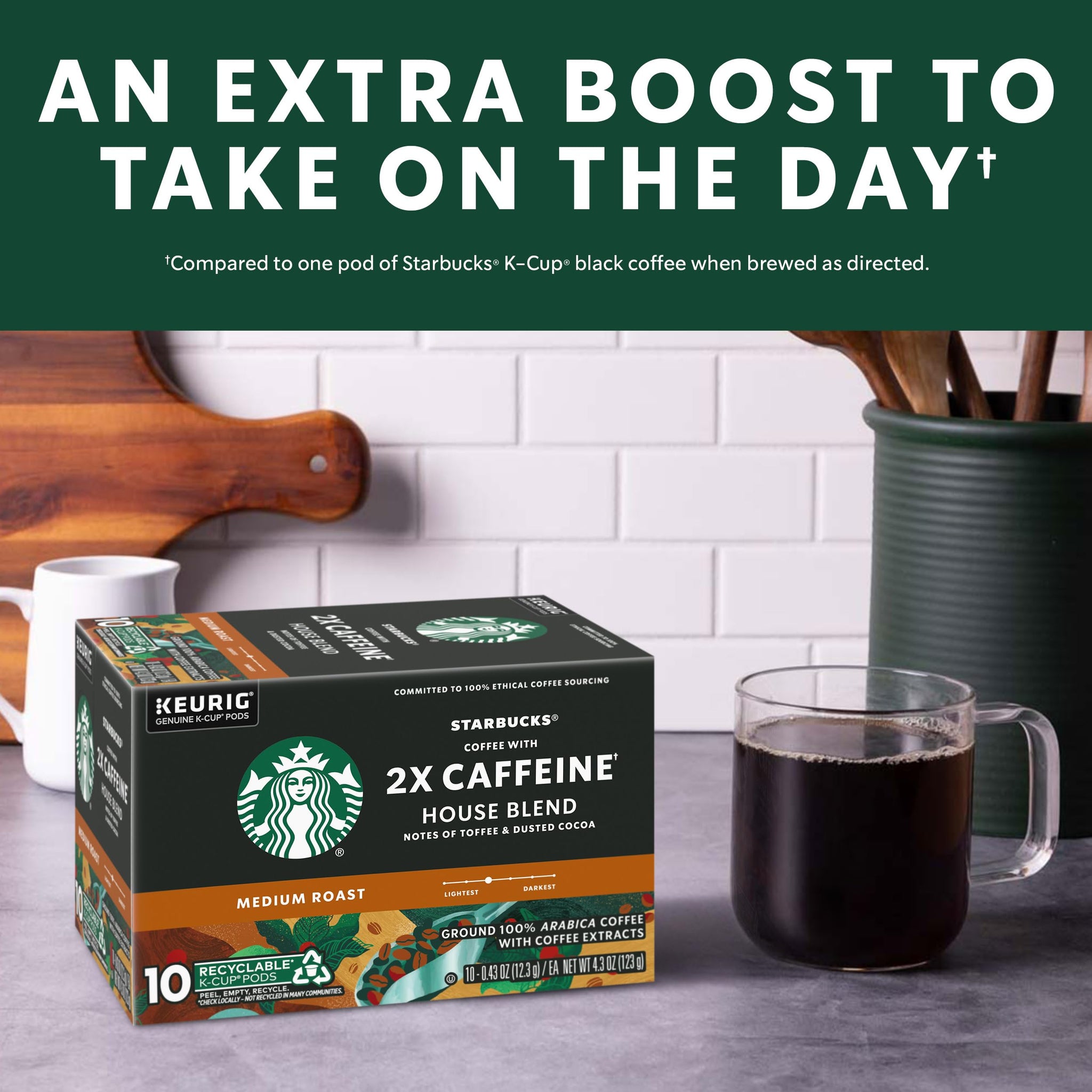 Starbucks K-Cup Coffee Pods, Medium Roast Coffee With 2X Caffeine House Blend For Keurig Coffee Makers, 100% Arabica, 1 Box (10 Pods)