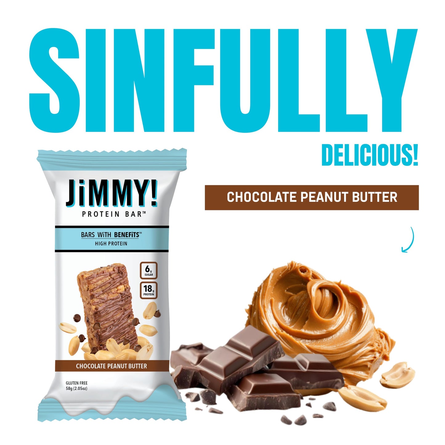 JiMMYBAR! Chocolate Peanut Butter Protein Bars 18g Protein Bar, 6g Low Sugar - 12 Count - 58g Health Bars - Functional Snack with Real Peanuts