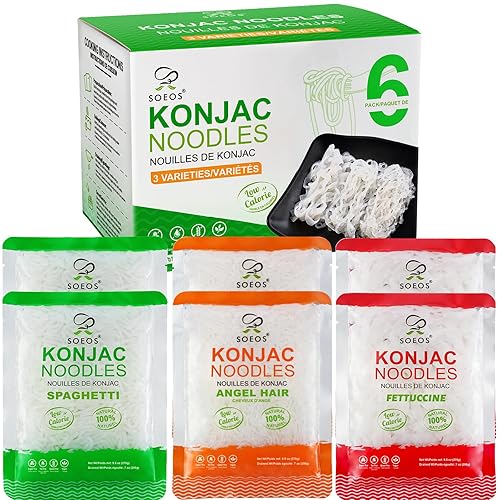 Soeos Konjac Noodles, Shirataki Noodle, 9.5 oz (270g)*6 Packs, Low Calorie, Low Carb, Keto and Paleo Friendly, 3 Variety Noodles, Fettuccine, Angel