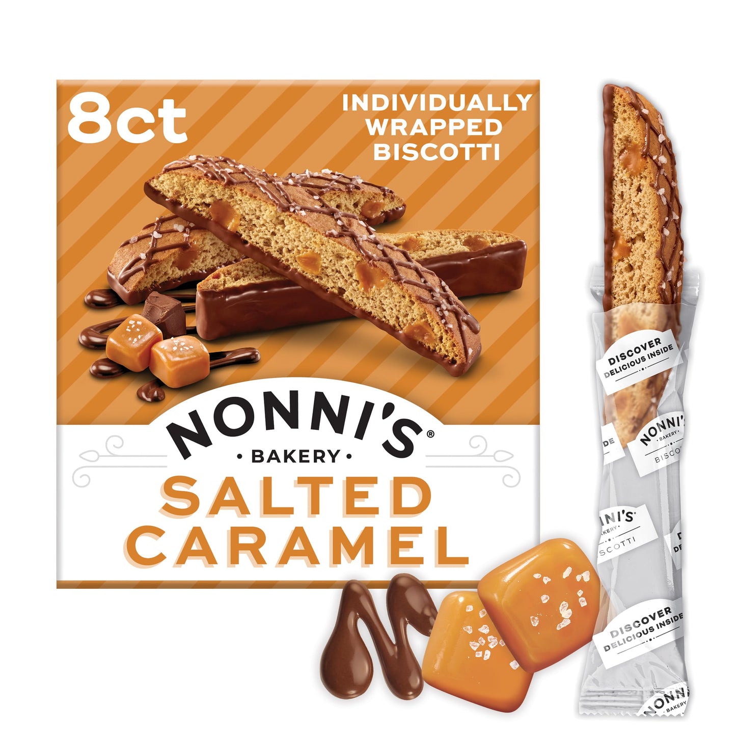 Nonni's Salted Caramel Biscotti, Individually Wrapped Italian Cookie Snacks, 8 Servings (Pack of 1)