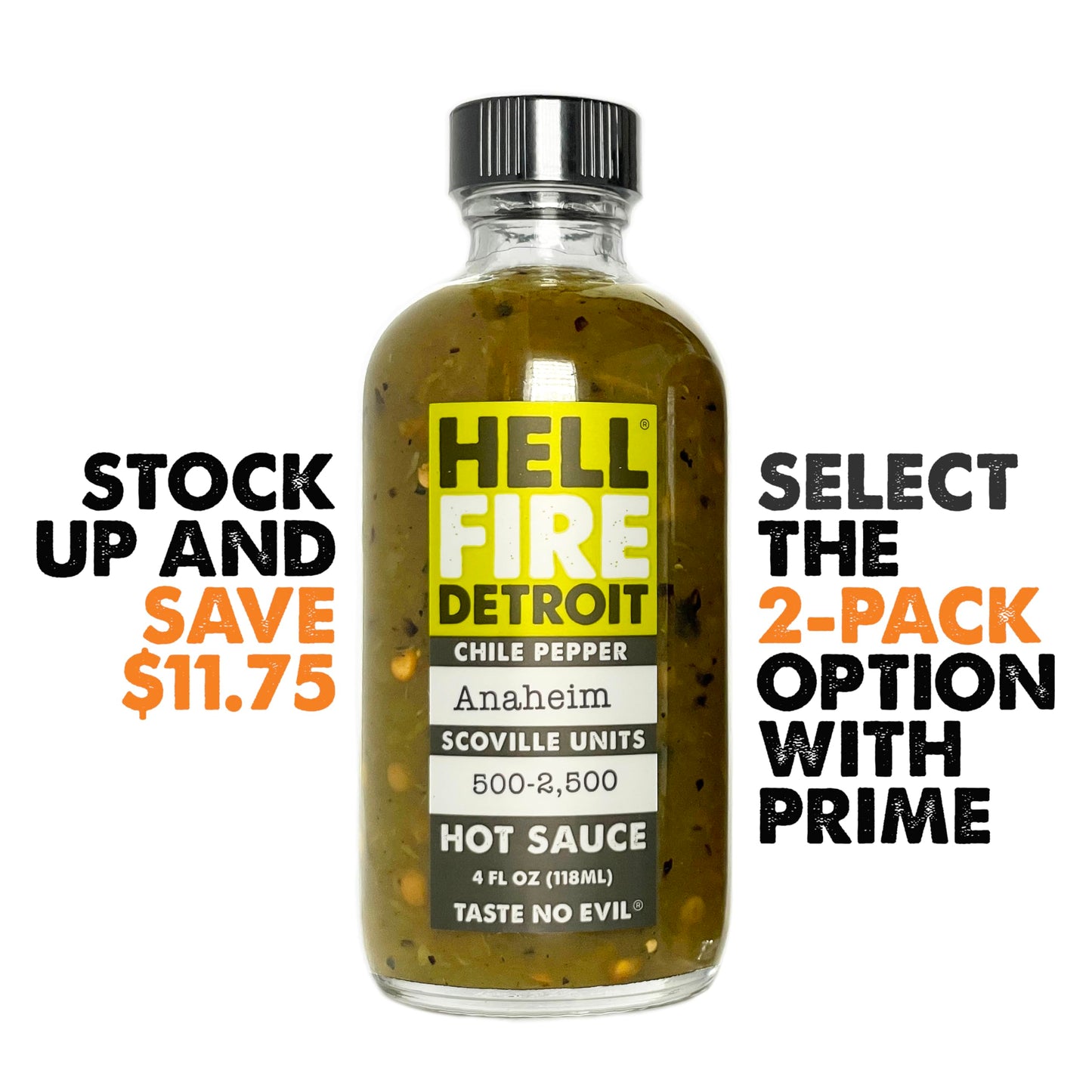 Hell Fire Detroit Anaheim Hot Sauce (Mild), Crafted with Fresh, Fire-Roasted Anaheim Chile Peppers, All-Natural, Vegan, Gluten-Free, Low Sodium - 4 Fl