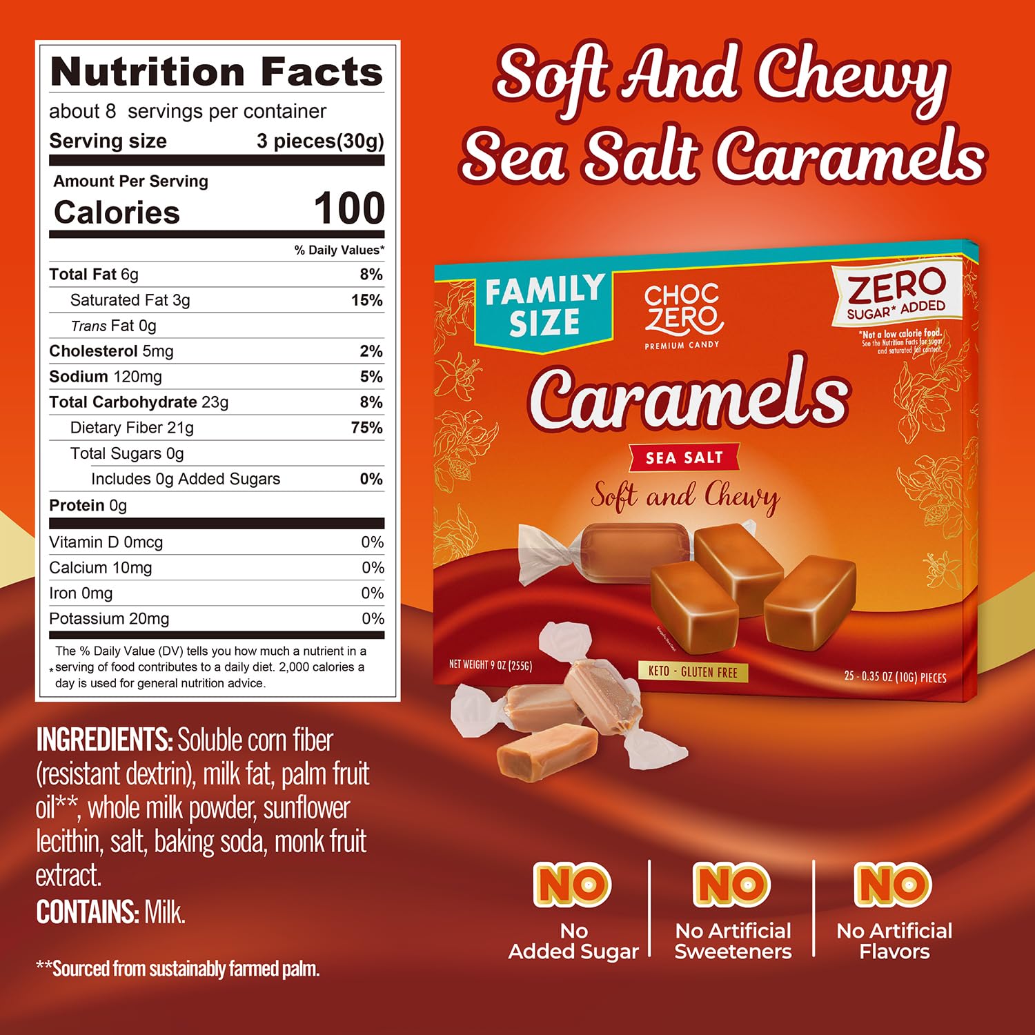 ChocZero Sugar Free Caramels - Keto Caramel Candy - All Natural, Classic Candies - Low Carb Snack (9oz Box)