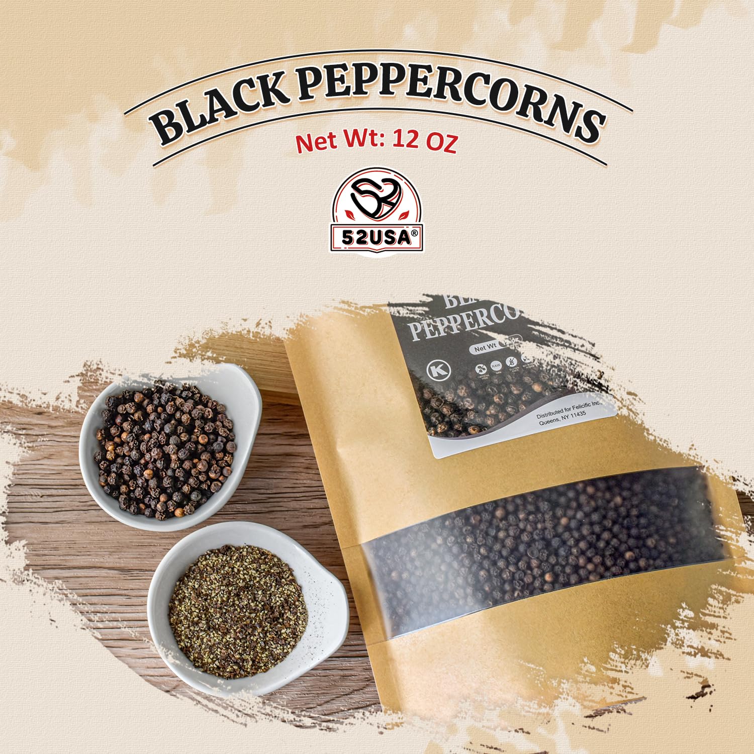 52USA Black Peppercorns, 12oz (Pack of 1), Peppercorns for Grinder Refill, Gluten-Free, Kosher, Whole Peppercorns, All Natural Black Pepper