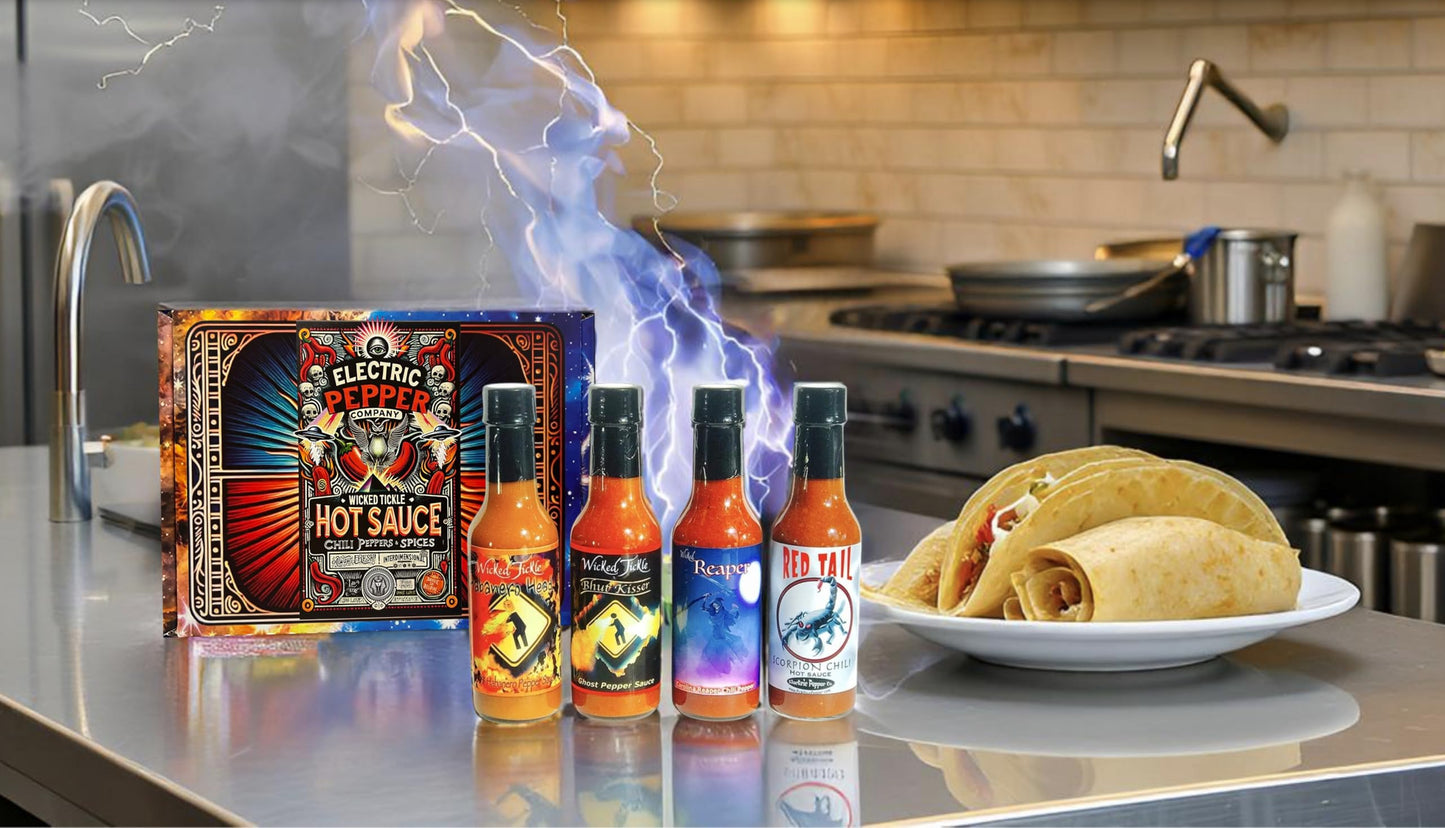 Wicked Tickle Hot Sauce Gift Set - Carolina Reaper, Scorpion, Ghost & Habanero, 4 Pack, 5 oz Bottles
