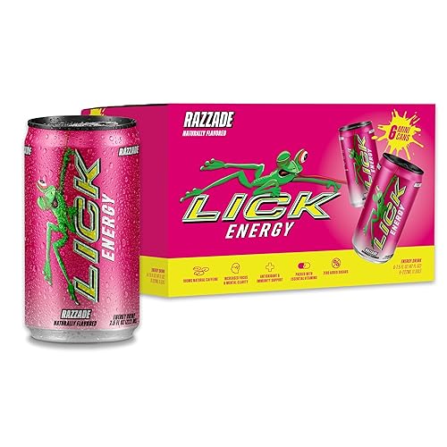 LICK Energy Drink - Razzade, No Sugar, No Crash, Green Tea Caffeine (100mg), with Ginger, Antioxidants and Vitamins A, B6, B12, and C, 7.5oz (6pk)