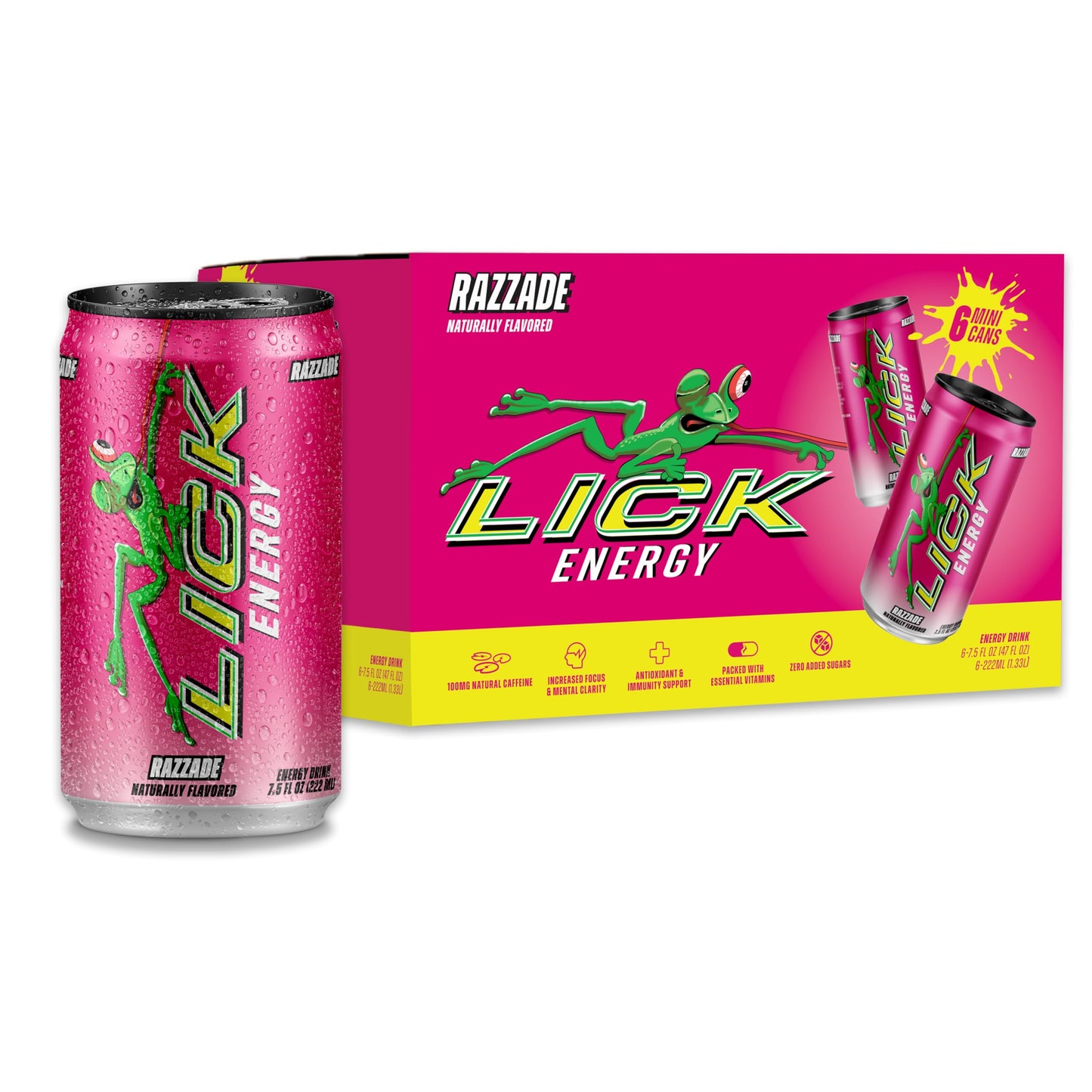 LICK Energy Drink - Razzade, No Sugar, No Crash, Green Tea Caffeine (100mg), with Ginger, Antioxidants and Vitamins A, B6, B12, and C, 7.5oz (6pk)
