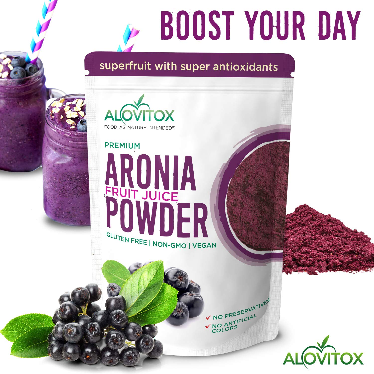 Alovitox Aronia Berry Powder | Antioxidant-Dense Juice Superfood with Dietary Fiber, Vitamins, Calcium, Iron, Boosts Immune System & Reduces Blood