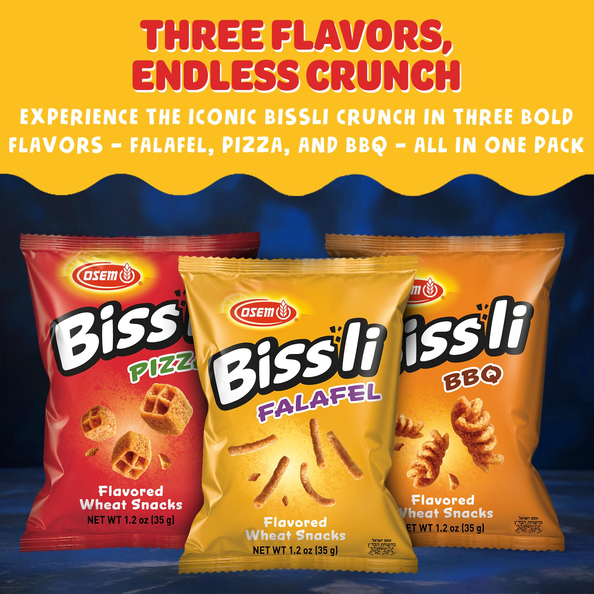 Osem Bissli Variety Pack - 3 Bold Flavors: Falafel, Pizza, BBQ, Baked Flavored Snacks, Crunchy Wheat Snacks for Kids & Adults - 1.23oz Bags (Pack