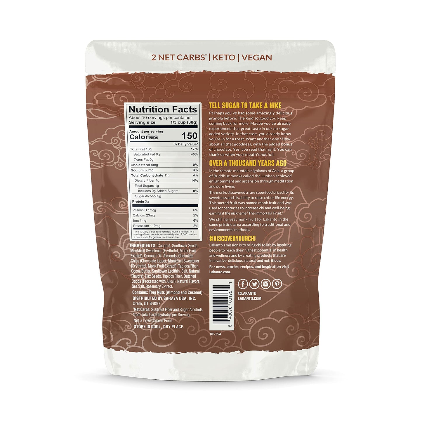 Lakanto Chocolate Crunch Granola - Delicious Snack, Quick Breakfast Cereal, Keto Friendly, Monk Fruit Sweetener, No Sugar Added, Vegan, Gluten Free