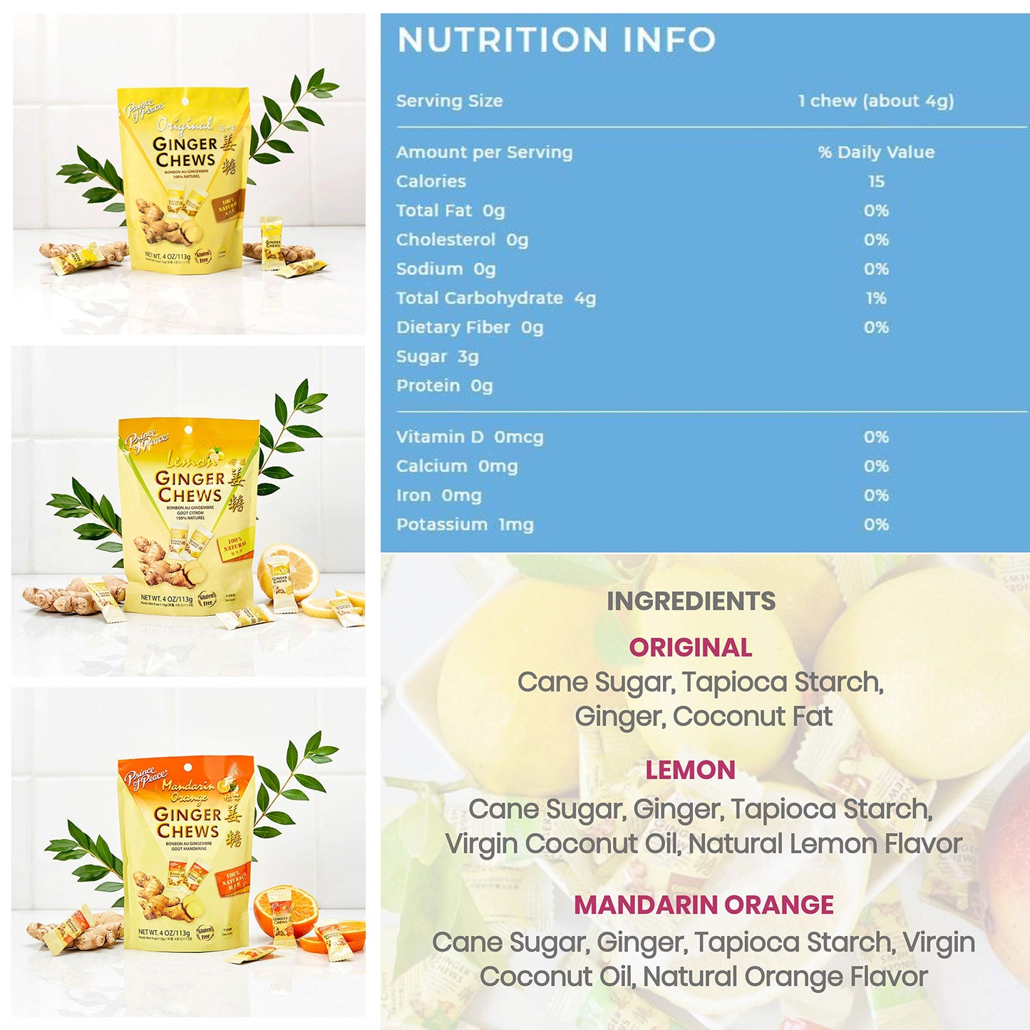 Prince of Peace Ginger Chews Candy Bundle - Original, Lemon, Orange, Mango, Lychee and Peanut Butter Flavors - 100% Natural, Vegan and Gluten-Free
