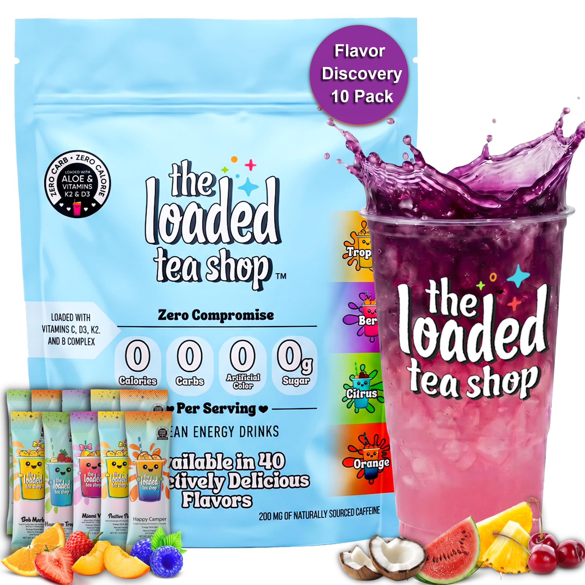 The Loaded Tea Shop Energy Drink Mix Sticks, Flavor Discovery 10 Pack, Sugar-Free, Zero Calories, 200mg Natural Caffeine, No Artificial