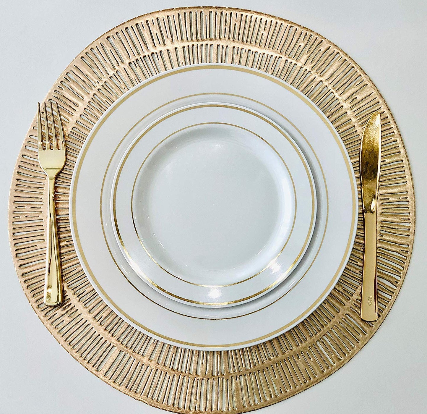 OCCASIONS 360 Pcs set (60 guest) Wedding Disposable Plastic Plate and Silverware Combo 10.5" + 7.5" + Silverware (Double Fork) (White & Gold Rim