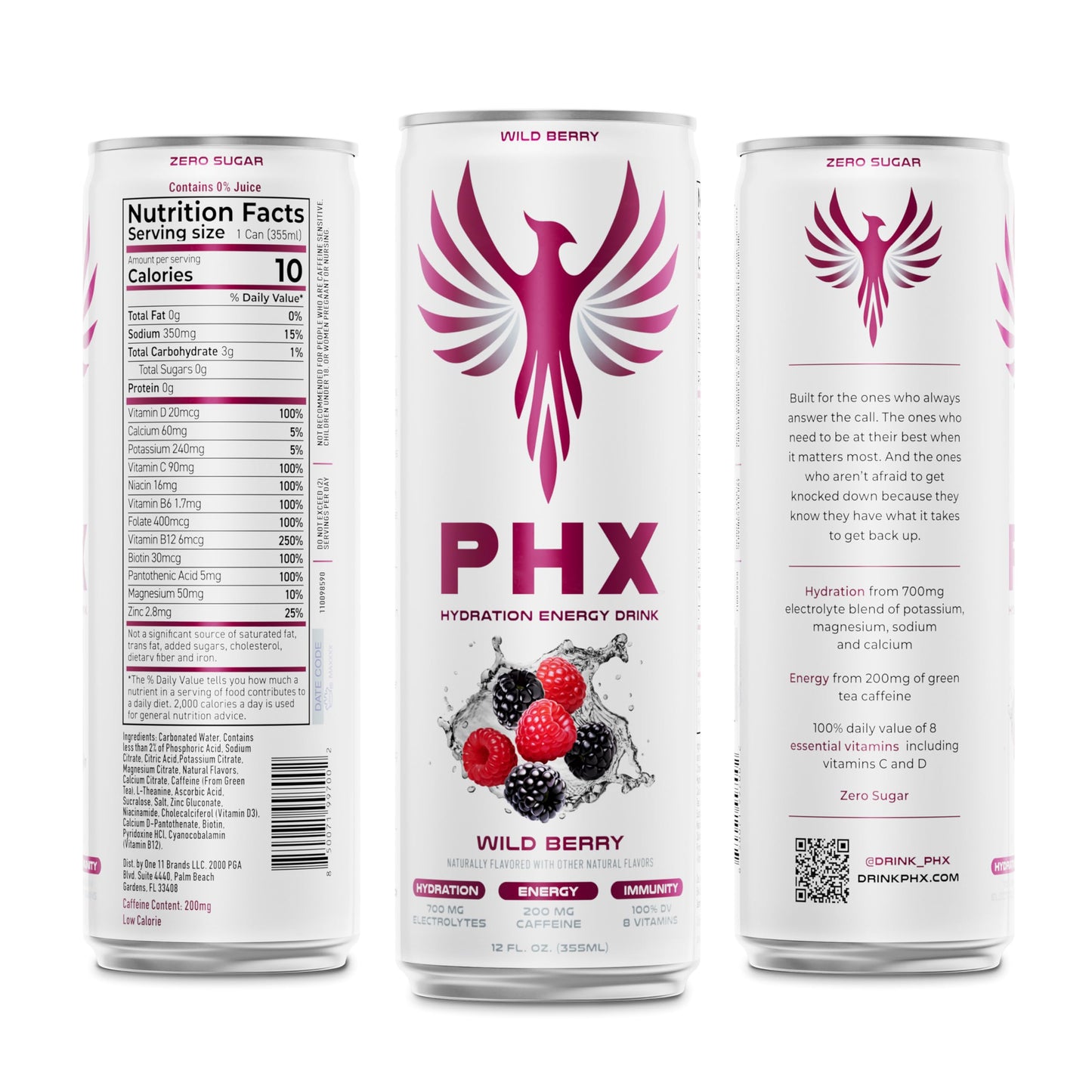 PHX Hydration Energy Drink - 700mg Electrolytes, 200mg Natural Green Tea Caffeine, 100% Daily Value 8 Essential Vitamins - 12 oz Cans (12 Pack) (12