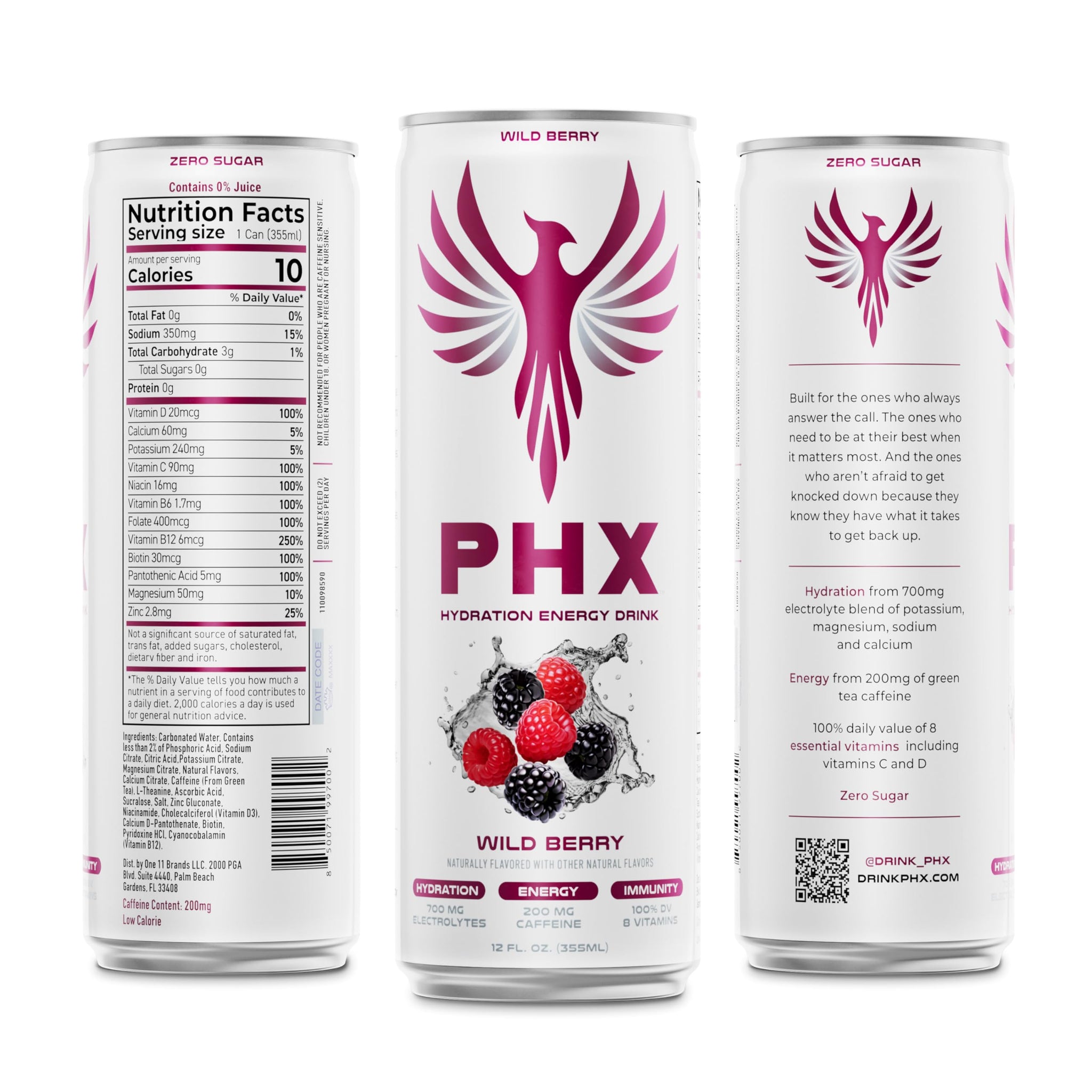 PHX Hydration Energy Drink - 700mg Electrolytes, 200mg Natural Green Tea Caffeine, 100% Daily Value 8 Essential Vitamins - 12 oz Cans (12 Pack) (12