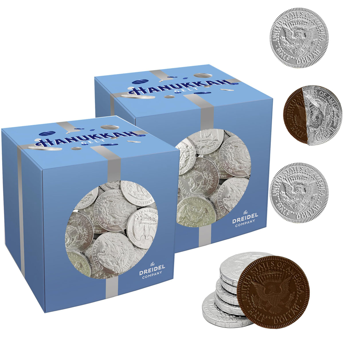 The Dreidel Company Hanukkah Coins, Dark Bittersweet Silver Gelt, Parve Kosher Chanukah Gelt, Made in Israel (2-Pack)