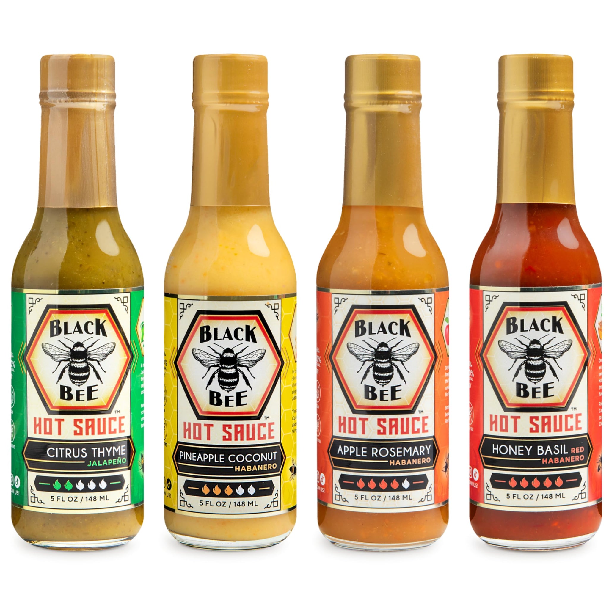 Black Bee The Original 4 Hot Sauce Gift Set (4 Pack) - Citrus Thyme Jalapeño, Pineapple Coconut Habanero, Apple Rosemary & Honey Basil Red Habanero