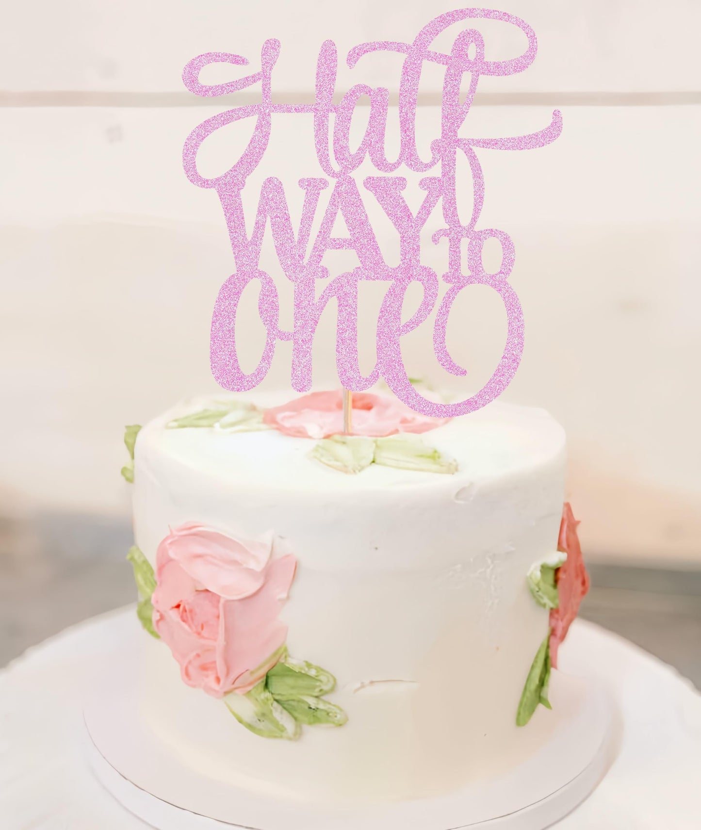 AHAORAY Half Way To One Cake Topper - Pink Glitter 6 Months Birthday Decorations Supplies - Half Birthday Decorations Baby Girl, for Baby