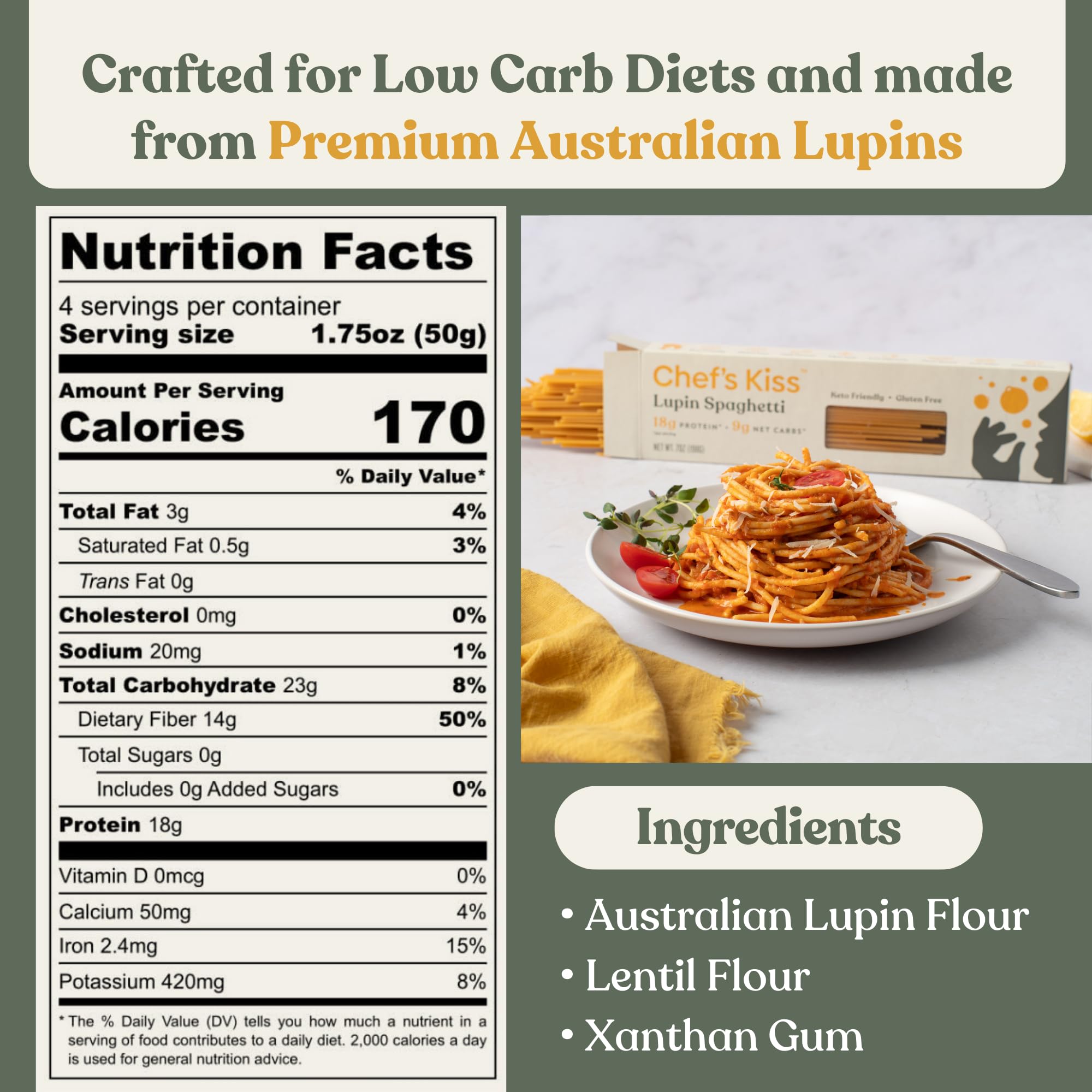 Chef’s Kiss Low Carb Spaghetti | 9g Net Carbs, 18g Protein | Keto, Low Glycemic Pasta made from Lupins | High Protein, Fiber Rich, Plant-Based | Keto