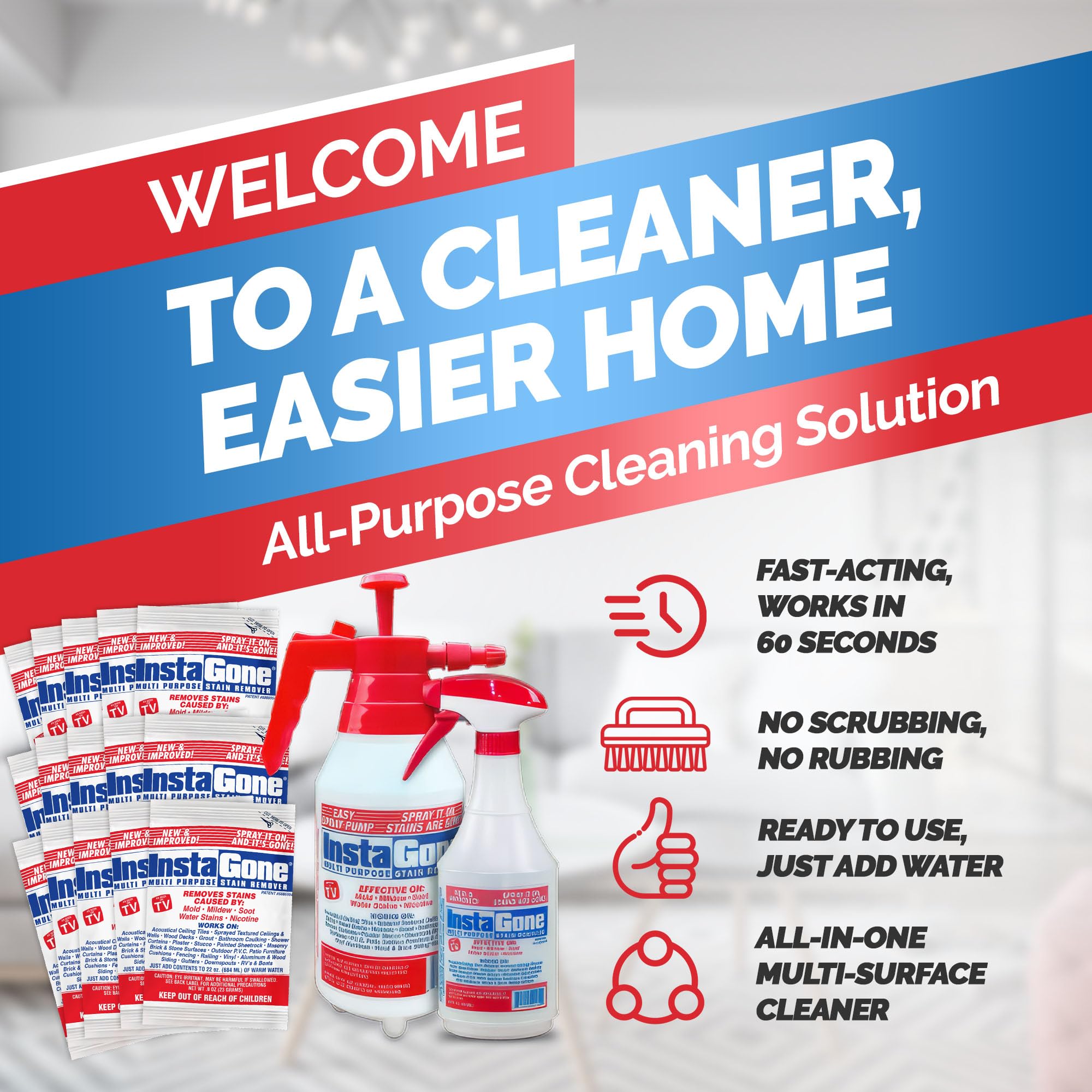 INSTAGONE, Cleaning Supplies, All Purpose Cleaner, 24oz, Spray Bottle, and 48oz Pump Bottle, with 0.8oz 15 pcs Refill Packs, Household Items