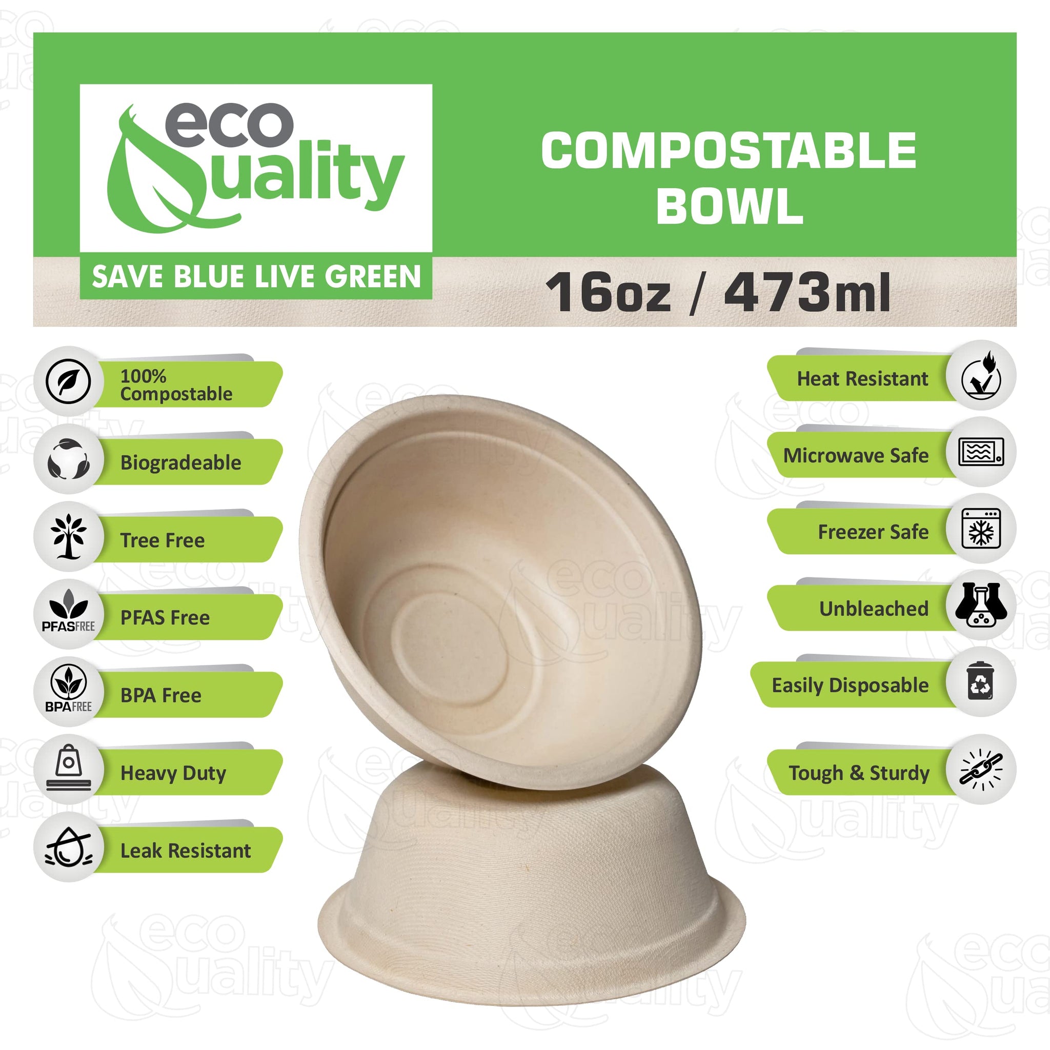 EcoQuality [25 Pack 16 oz Compostable Paper Bowls Heavy-Duty Disposable Bowls, Eco-Friendly Natural Bagasse Unbleached, Hot or Cold Use, 100%