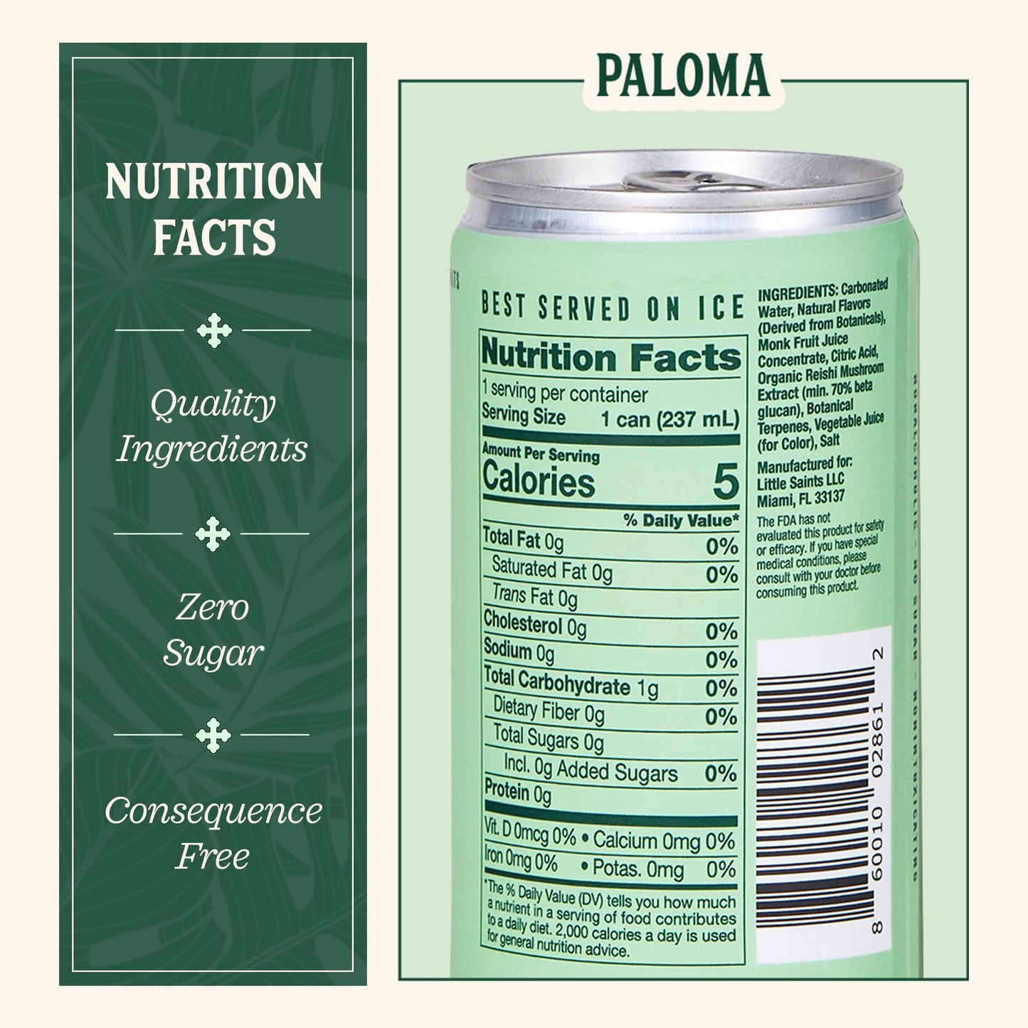 Little Saints Non-Alcoholic Paloma Mocktail | Bright, Sparkling & Citrus Forward | Crafted with Reishi Mushroom & Adaptogens for Calm & Ease | 5