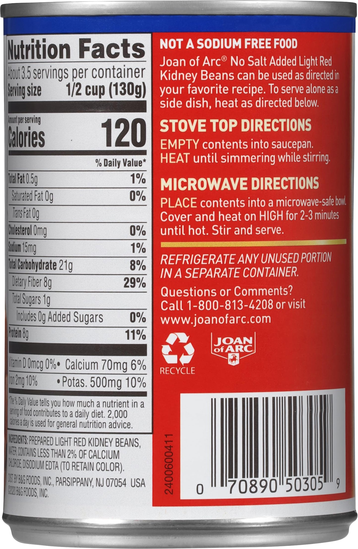 Joan of Arc Beans, Light Red Kidney, No Salt Added, 15.5 Ounce