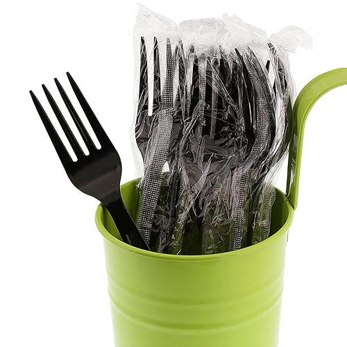 AmerCareRoyal Heavy Weight Individually Wrapped Disposable Polystyrene Plastic Forks for Restaurants and Catering, Black, Pack of 1000
