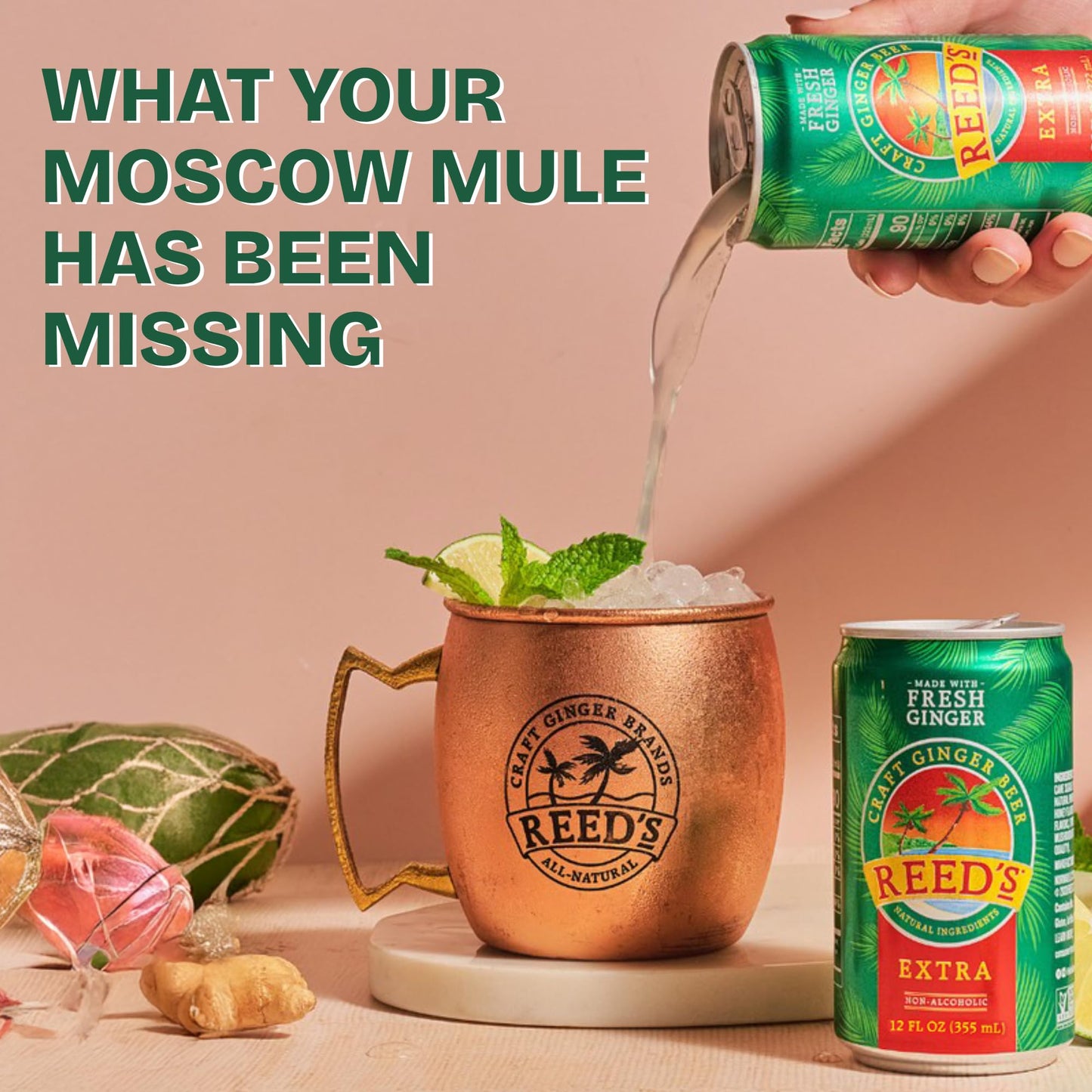 Reed's Extra Ginger Beer, Pack of 4 (12 fl oz Can each) - Non-Alcoholic Jamaican Real Sugar Brew Made w/ Fresh Organic Ginger Root - Ideal for Moscow