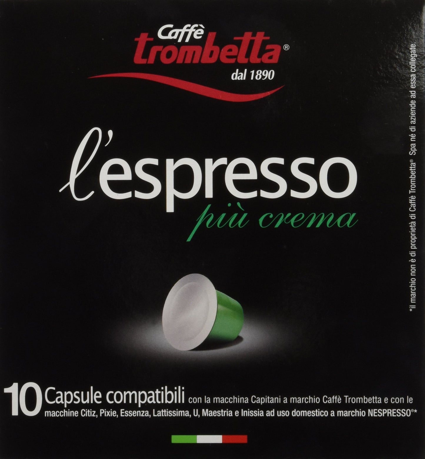 Trombetta 10 Capsules “Piu Crema“ Dark Roast Instant Espresso Coffee - Compatible Nespresso Espresso Coffee Pods