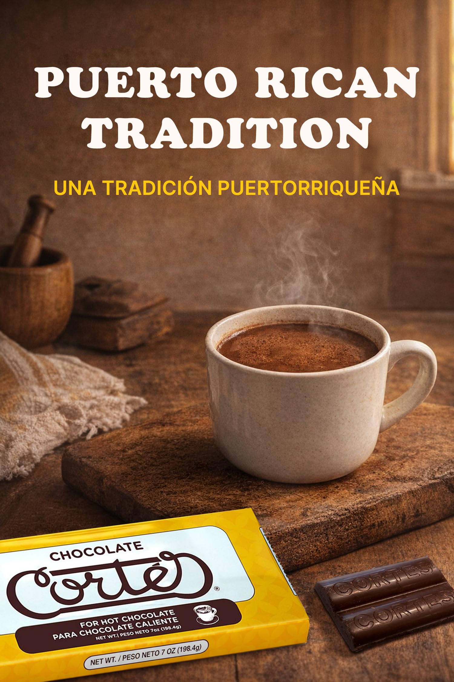 Chocolate Cortés Sweet Chocolate for Hot Chocolate (4 Pack, 7 oz Each) - Puerto Rican & Dominican Bean-to-Bar Chocolate, Authentic Caribbean Drinking