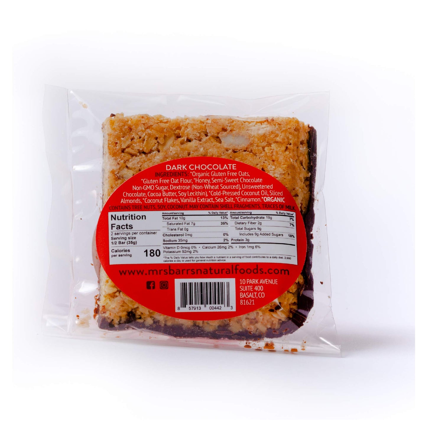 Mrs. Barr’s Natural Foods Granola Bars | Dark Chocolate | Certified Organic Gluten Free Oats | Soft Texture | Small Batch | Gourmet Quality | Real
