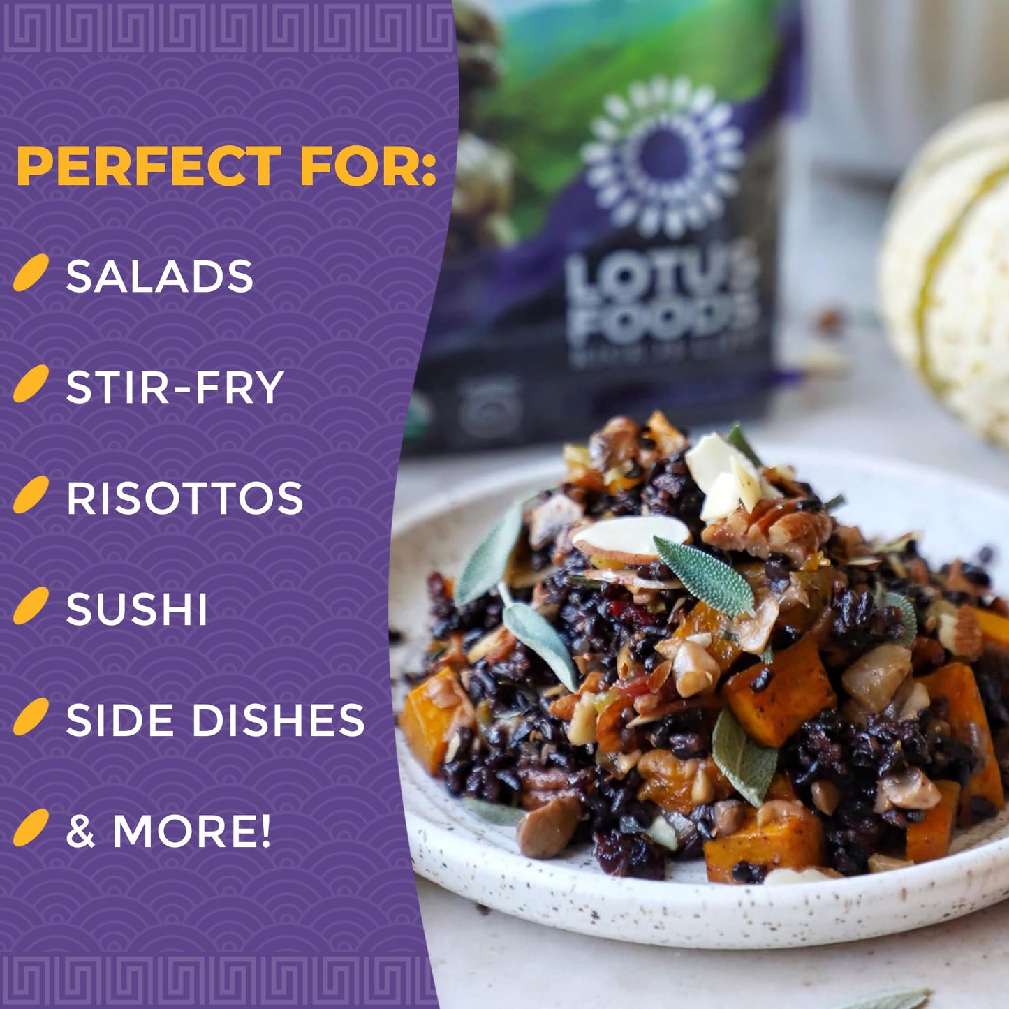 Lotus Foods Organic Forbidden Rice - Black Rice Organic, Purple Rice, Black Rice Bulk, Gluten Free Heirloom Rice, Whole Grain, Non GMO, Vegan - 15 Oz Bag (Pack of 1)