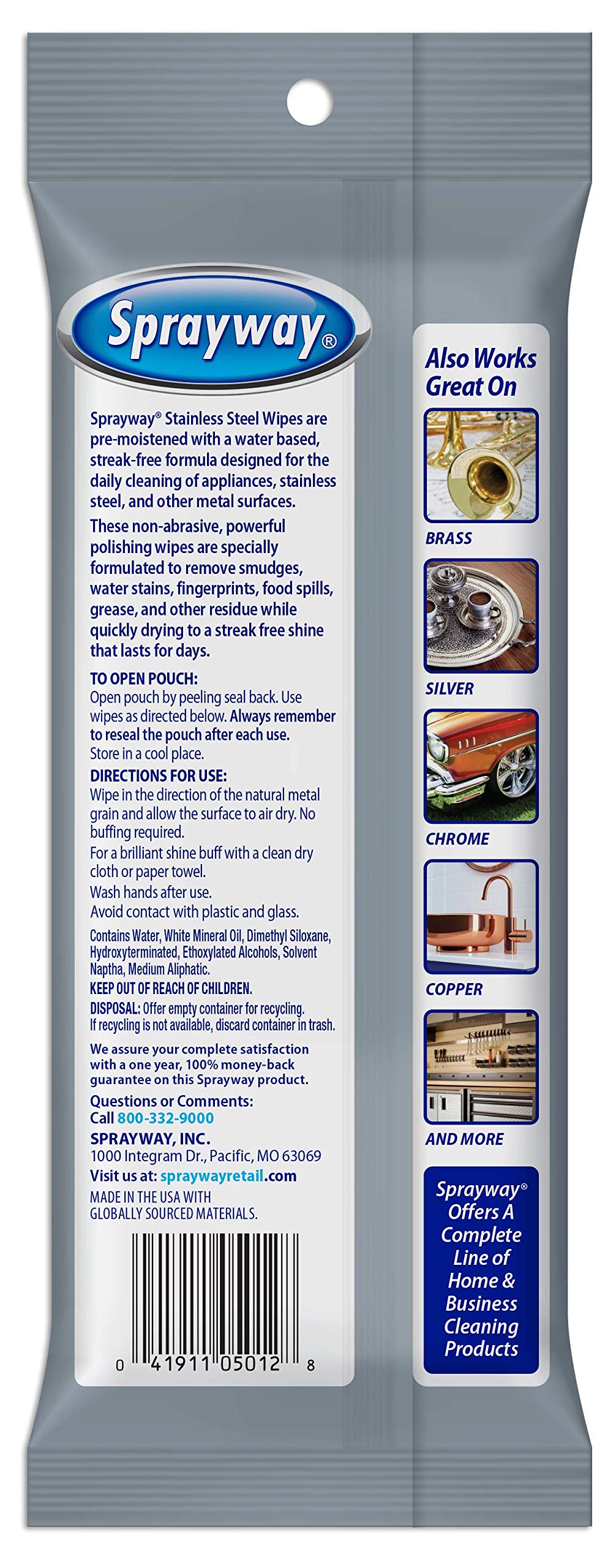 Sprayway Stainless Steel Wipes, Water Based, Pack of 20 (SW5012R)