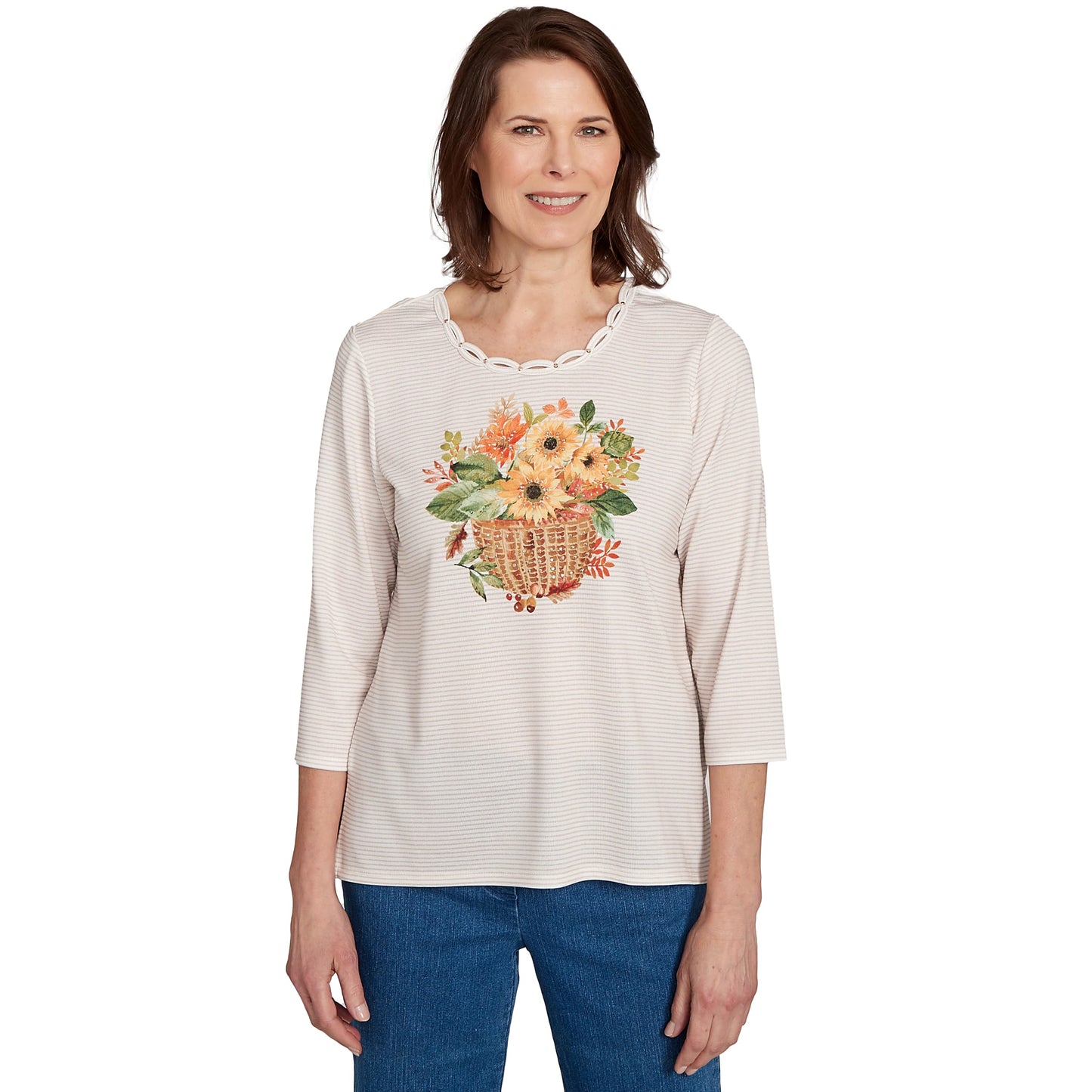 Alfred Dunner Women's Petite Harvest Basket Top Size PS Oatmeal Multi