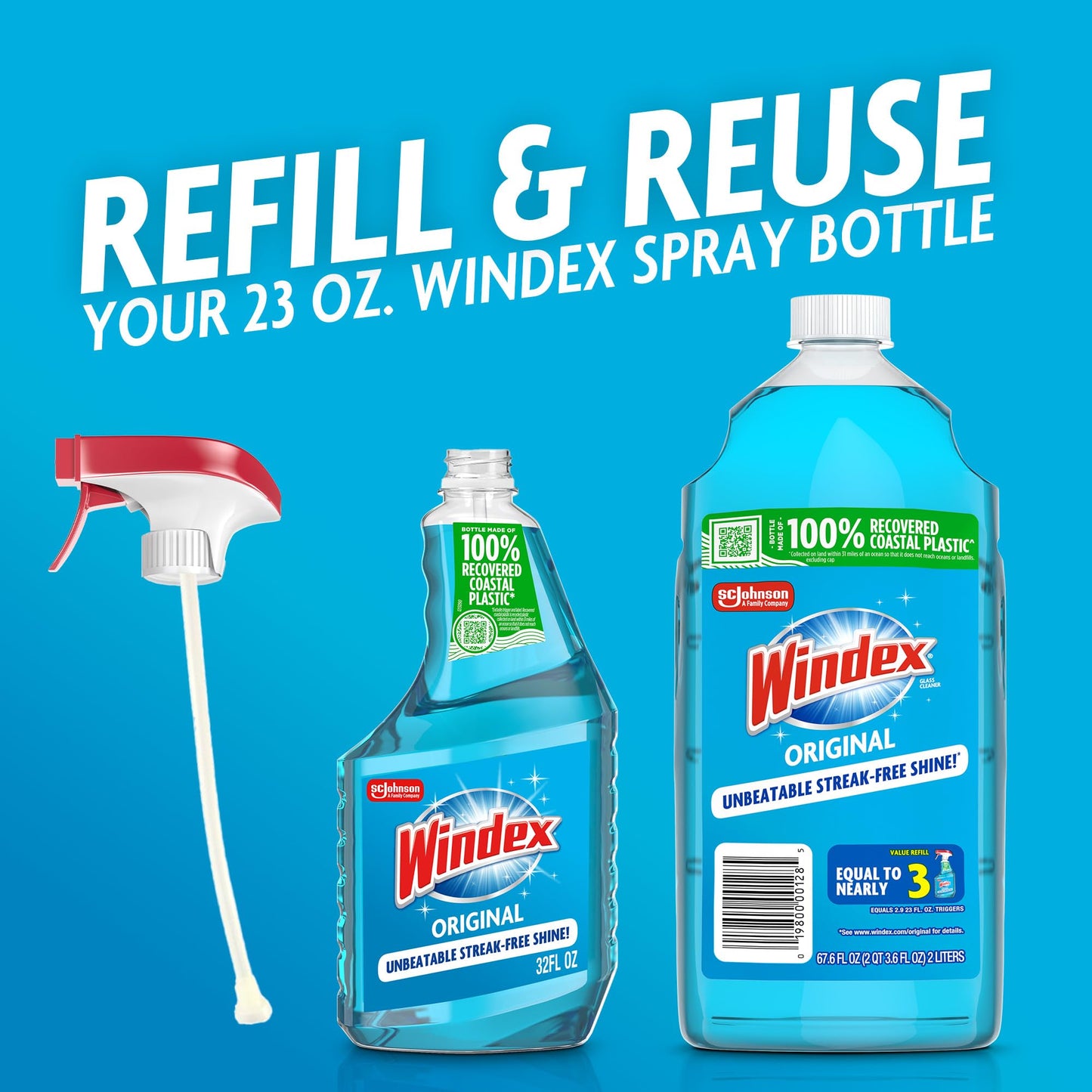 Windex Refill Glass and Window Cleaner Bottle, Bottle Made from 100% Recycled Plastic, Surface Cleaning Spray, Original Blue Scent, 2L (67.6 Fl Oz)