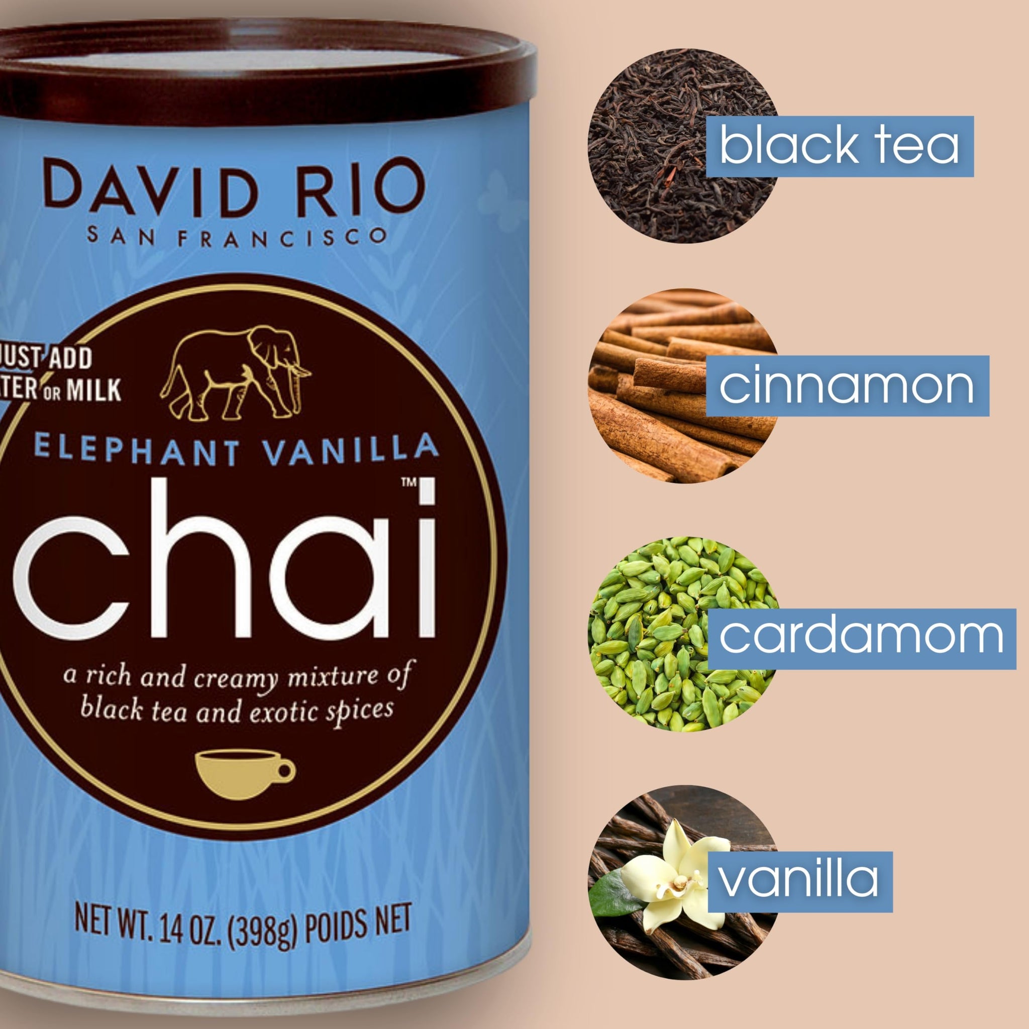Elephant Vanilla Chai Tea Latte Mix, 14 Oz, Black Tea, Organic Spices, Dairy Free, Serve Hot or Cold, Just Add Water or Milk, 14 Servings