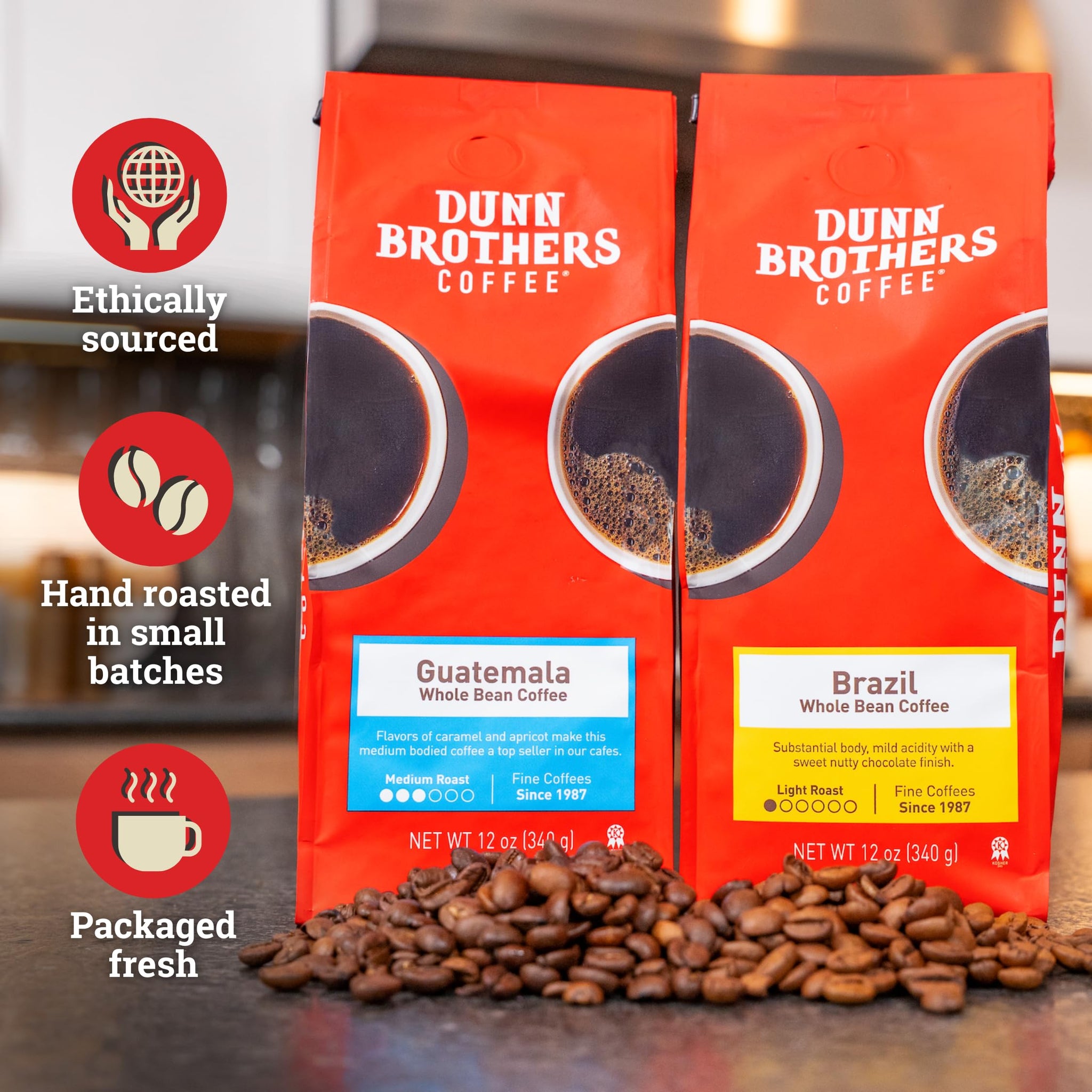 Dunn Brothers Small Batch Gourmet Whole Bean Coffee, Guatemala (Medium Roast),12 oz, Single Origin Arabica Coffee