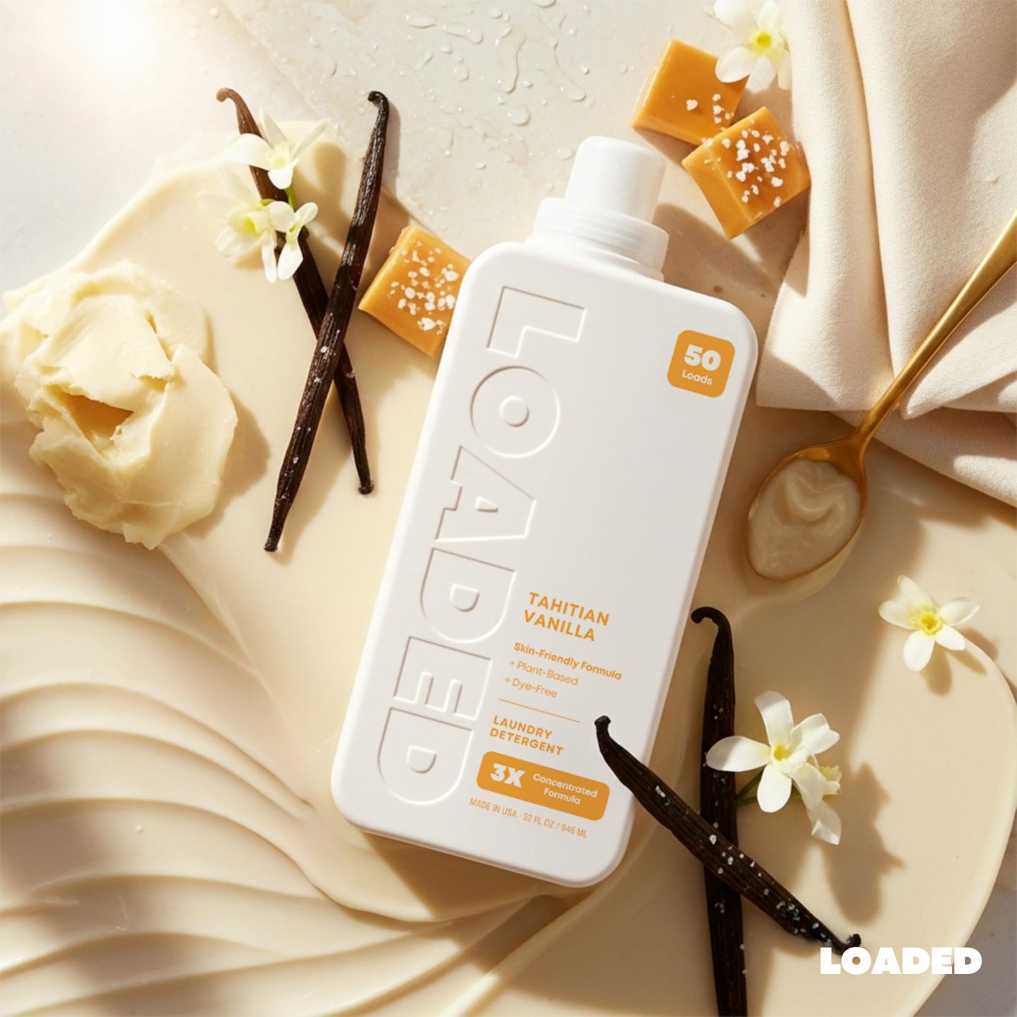 Loaded Laundry Detergent, Luxury Cologne & Perfume Scented | 50 Loads | Vanilla & Cashmere | Skin-Friendly & Plant-Based | Made in USA | 32 oz