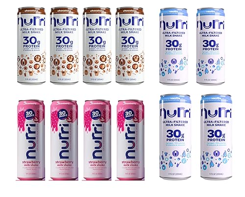 Nurri Ultra Filtered Protein Milk Shake, 4- Vanilla, 4-Chocolate & 4- Strawberry Flavors,Low Sugar, 11 FL oz Cans (Total 12 Count) variety Pack