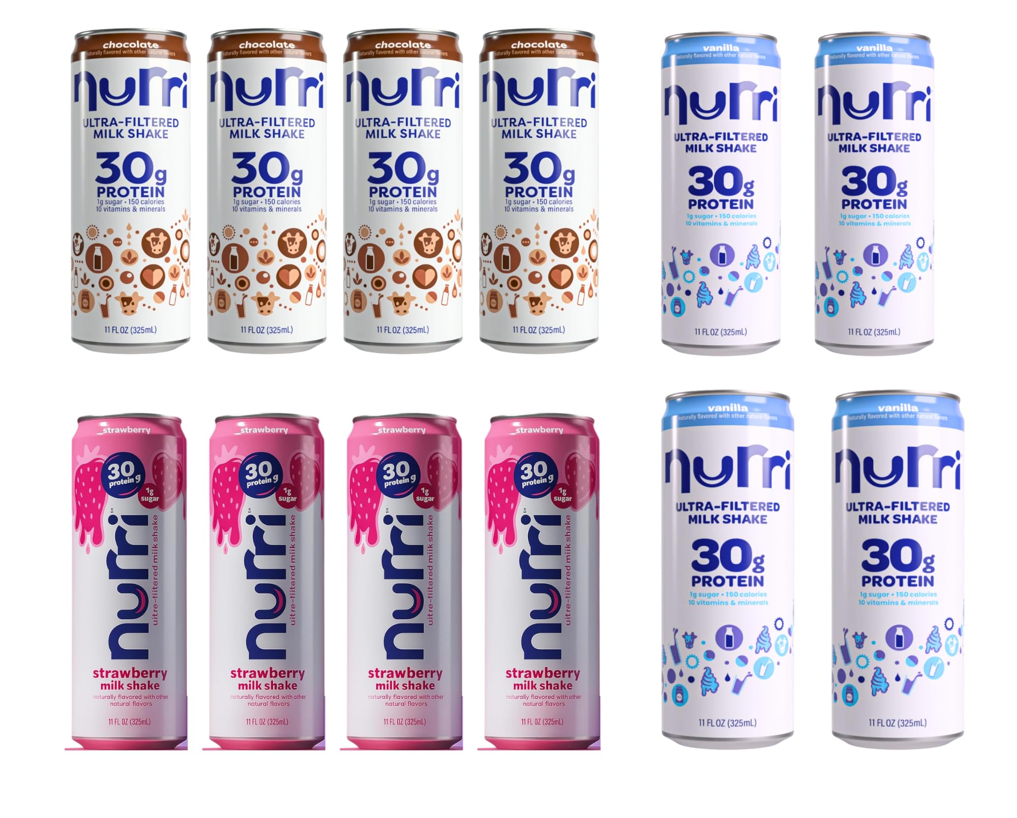 Nurri Ultra Filtered Protein Milk Shake, 4- Vanilla, 4-Chocolate & 4- Strawberry Flavors,Low Sugar, 11 FL oz Cans (Total 12 Count) variety Pack