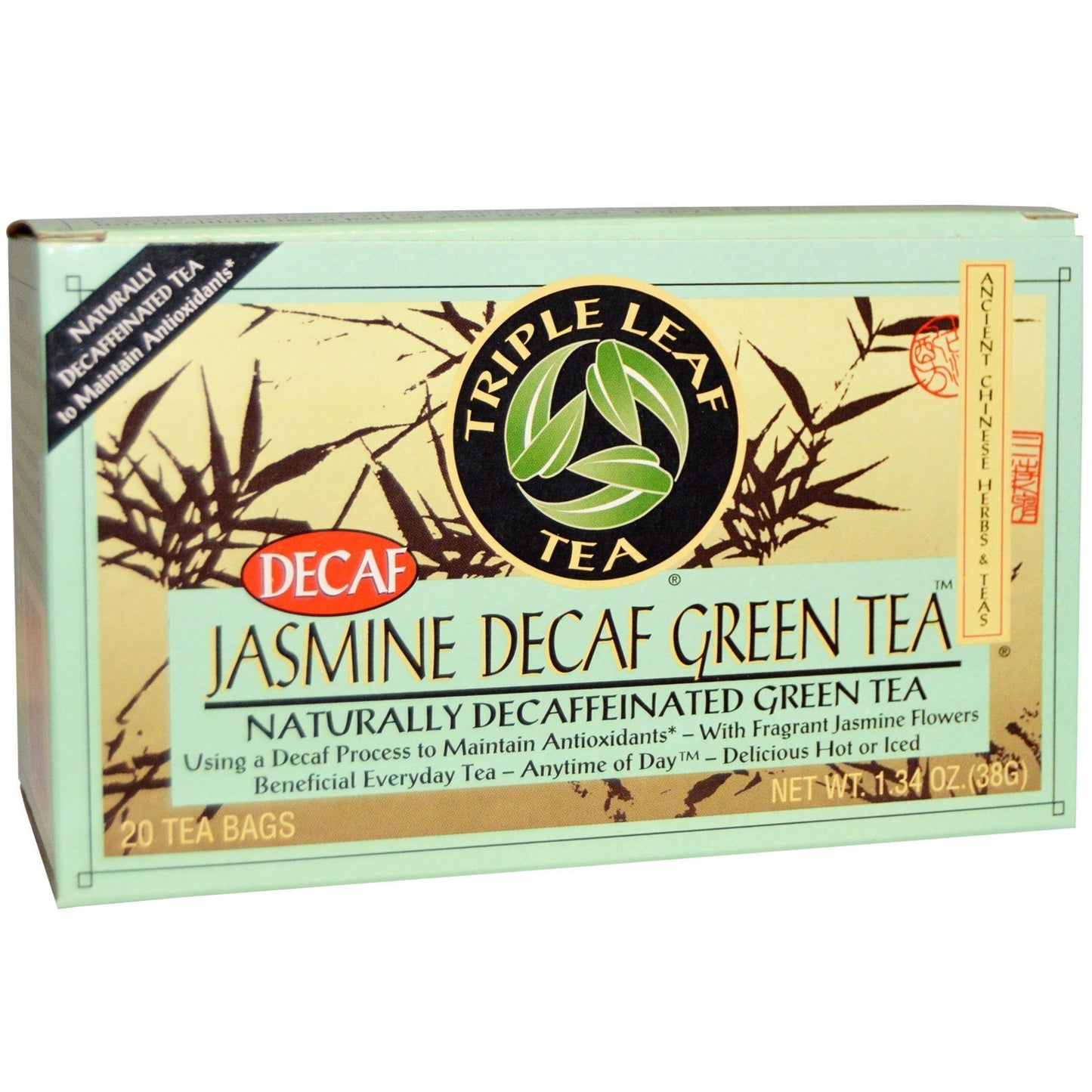 Triple Leaf Jasmine Green Tea, Decaffeinated, 20 Tea Bags per Box (Case of 6 Boxes)