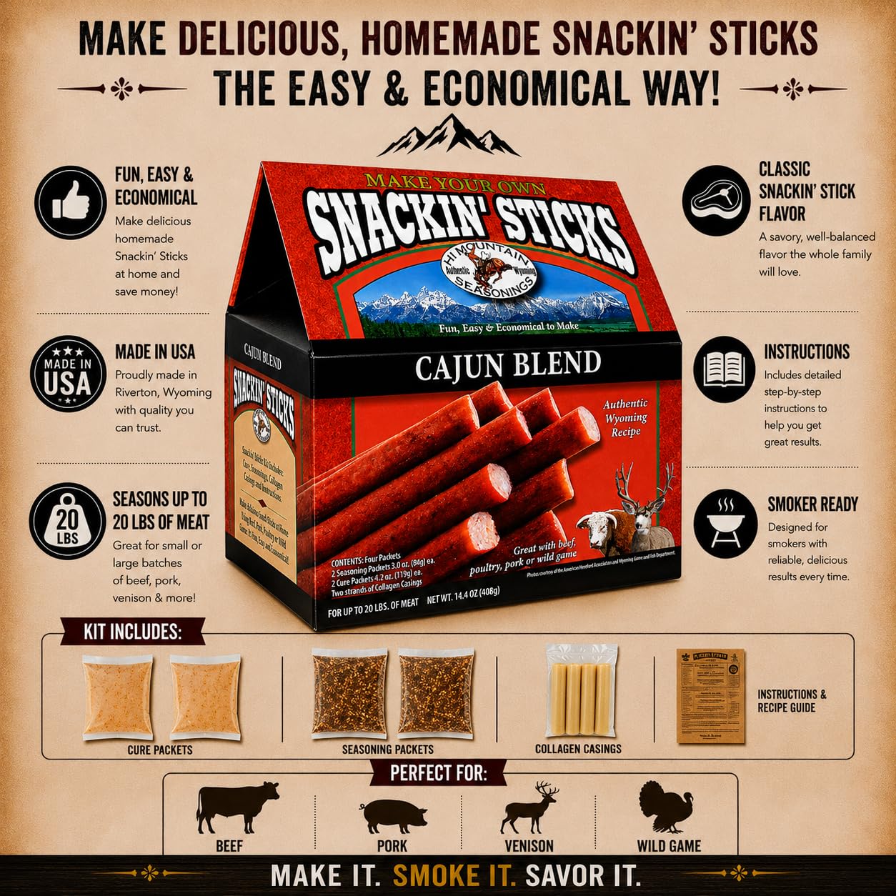 Hi Mountain Seasonings ? Snack Stick Seasoning Kit ? CAJUN BLEND ? Includes Seasoning, Cure, Casings, & Directions ? Seasons up to 20 lbs of Meat ?