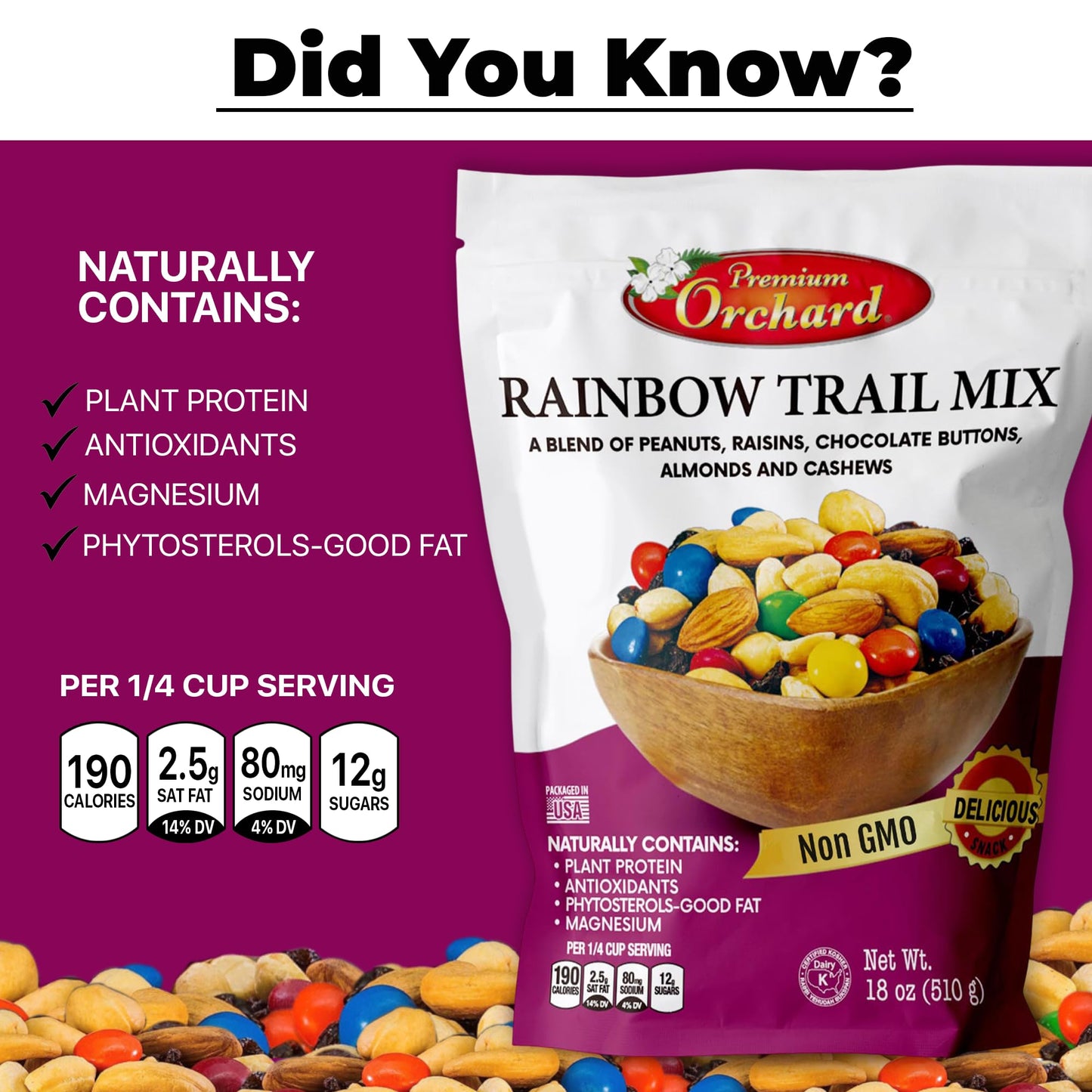 MIXED NUTS Rainbow Trail Mix by Premium Orchard - Healthy Trail Mix Variety Pack Peanuts Raisins Cashews Almonds Chocolate Buttons Heart Healthy