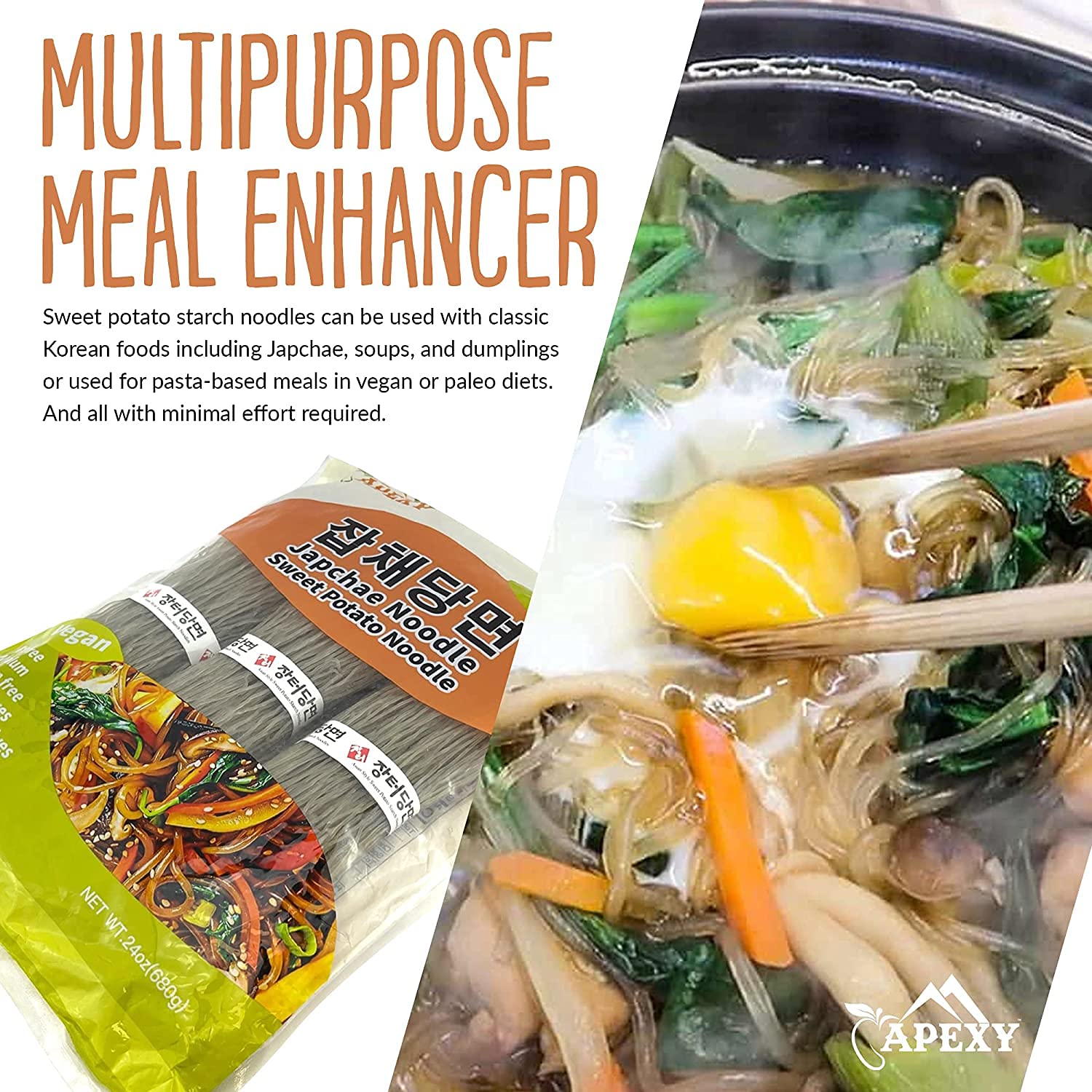 APEXY Sweet Potato Glass Noodles, Japchae Noodles, Korean Vermicelli Pasta, Fat-free and Gluten-free, 100% Sweet Potato Starch, No Additive, No Alum