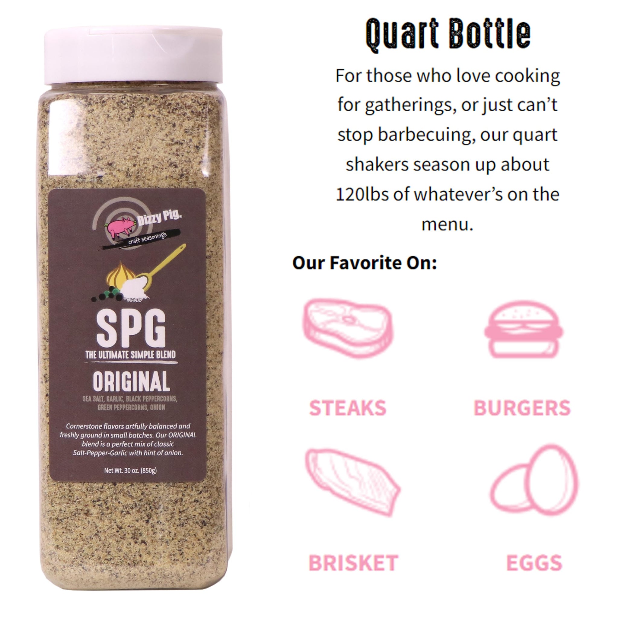 Dizzy Pig SPG Original (Salt, Pepper & Garlic) Seasoning Rub (Quart Shaker) - Hand Made in the USA - Seasons Around 120lbs of Food - MSG Free, Gluten