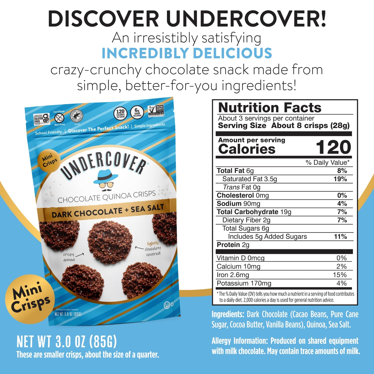 UNDERCOVER SNACKS CHOCOLATE CO Dark Chocolate & Sea Salt Quinoa Crisps (Only 1 piece that weighs 3 oz)