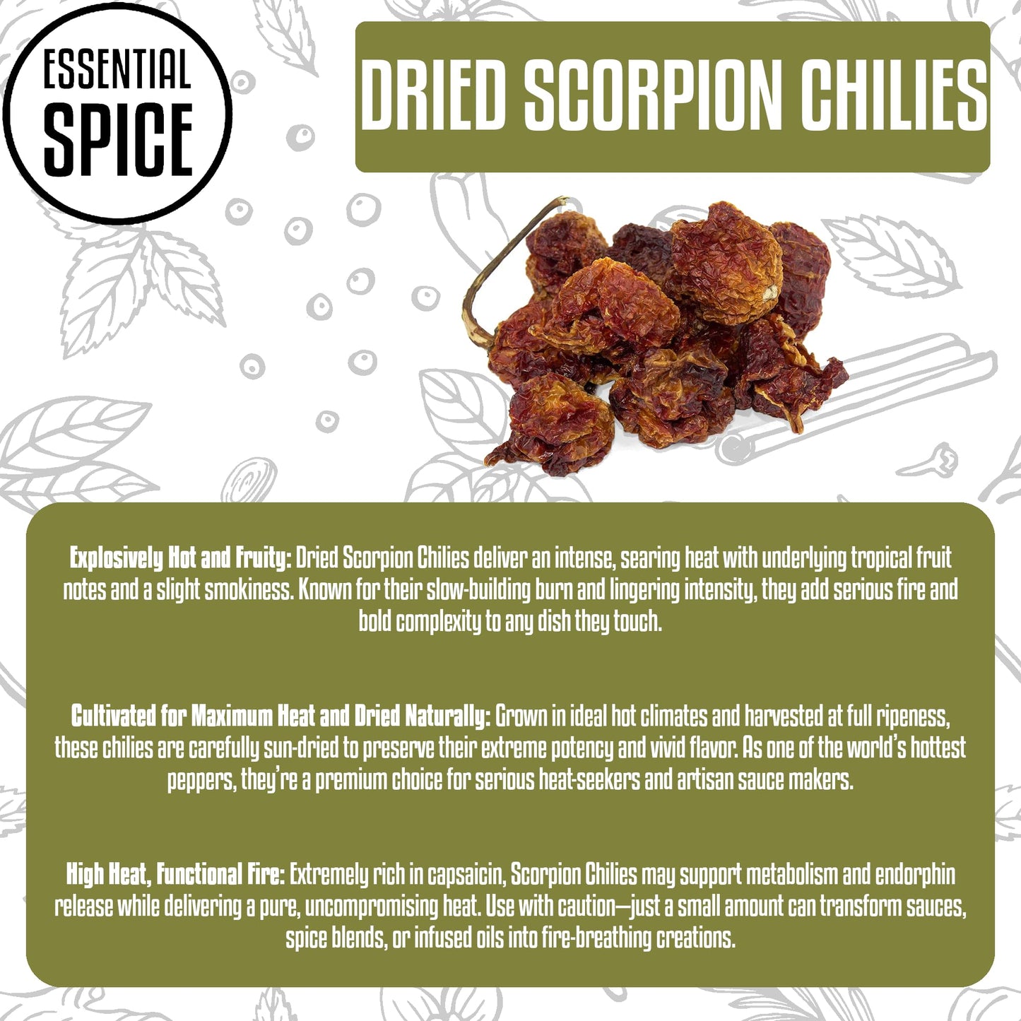 Essential Spice Dried Trinidad Scorpion Chilies - Fiery, Fruity Heat with Intense Sting - Whole Dried Pods for Extreme Hot Sauces, Stews, Marinades