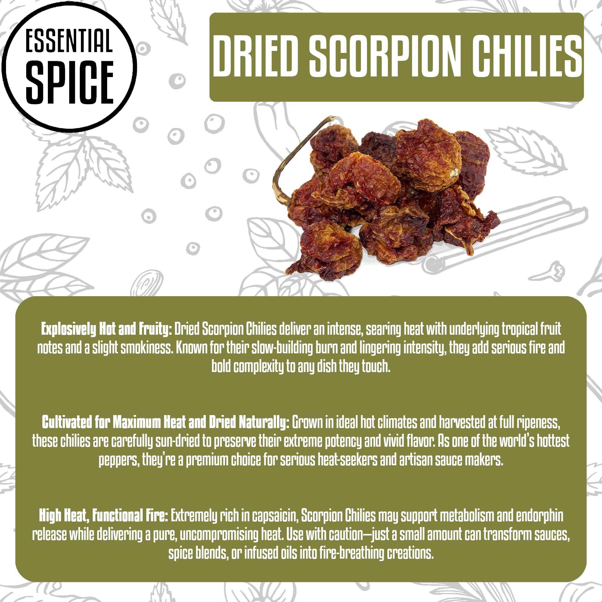 Essential Spice Dried Trinidad Scorpion Chilies - Fiery, Fruity Heat with Intense Sting - Whole Dried Pods for Extreme Hot Sauces, Stews, Marinades
