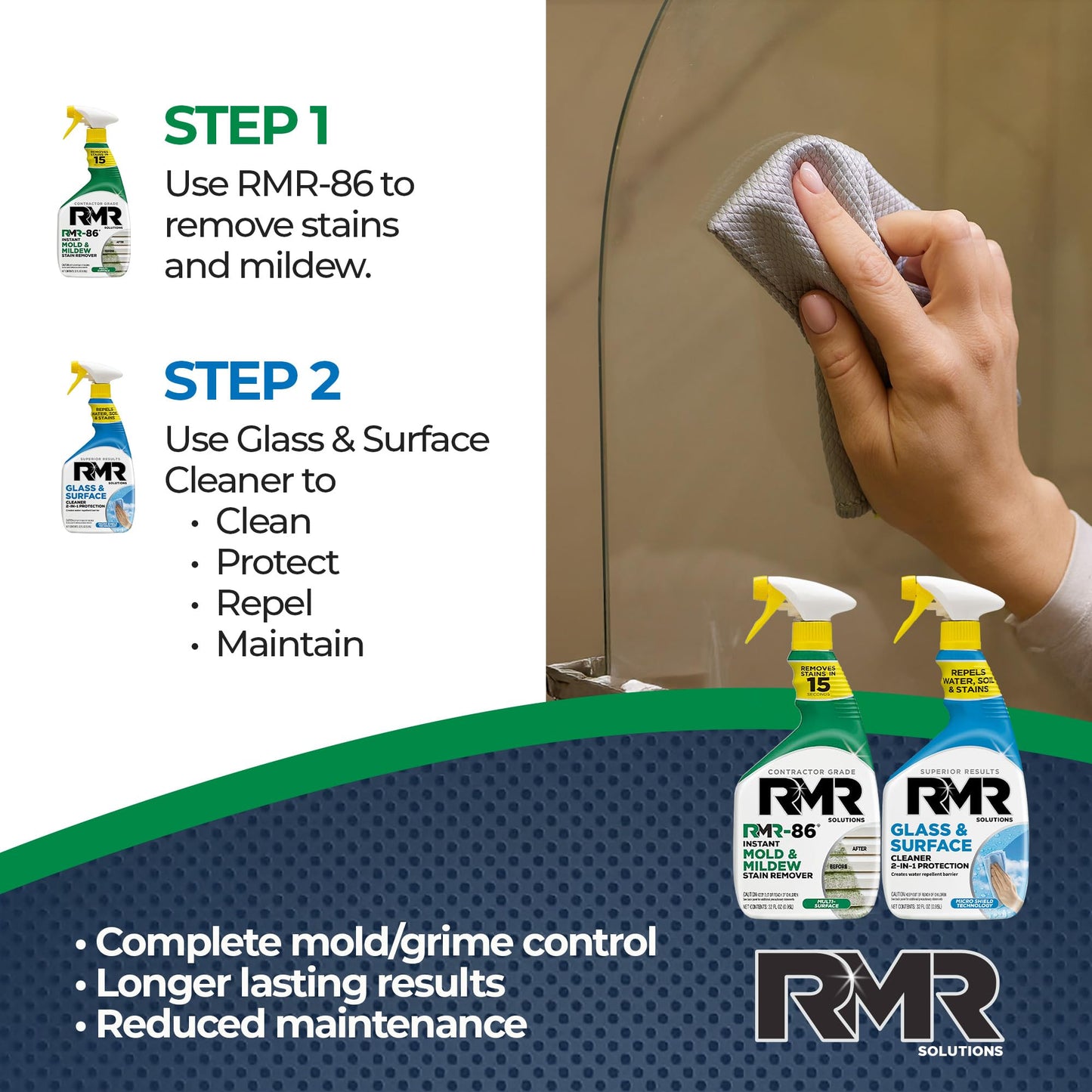 RMR Surface Renewal System - Instant Stain Remover + Glass & Surface Cleaner/Protectant, Indoor/Outdoor Cleaning Kit for Mirror, Screen, Furniture