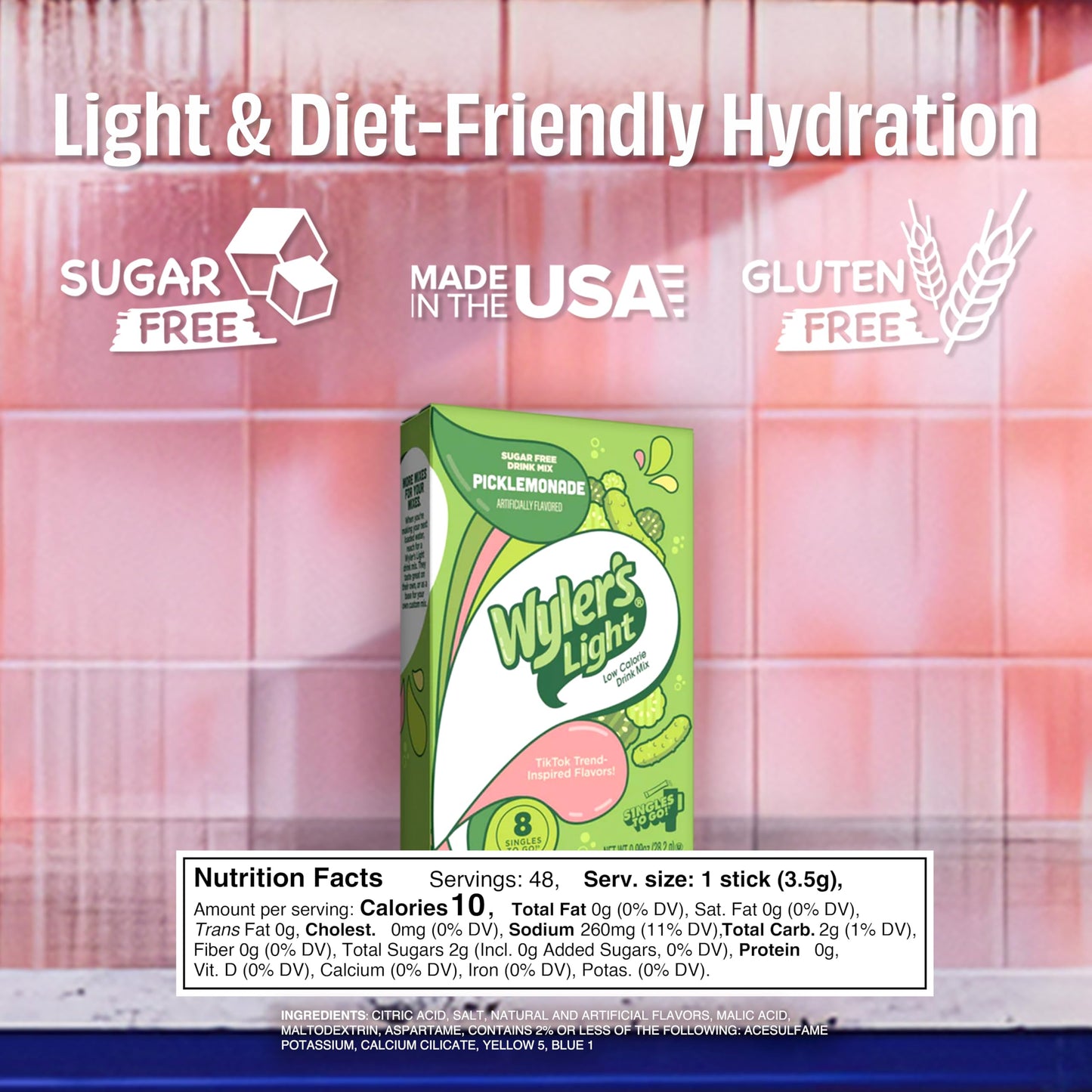 Wyler’s Light Water Flavoring Packets - Pack of 6-6 sticks Singles To Go Picklemonade Sugar Free Drink Mix Packets - Flavored Water Enhancer, Trendy